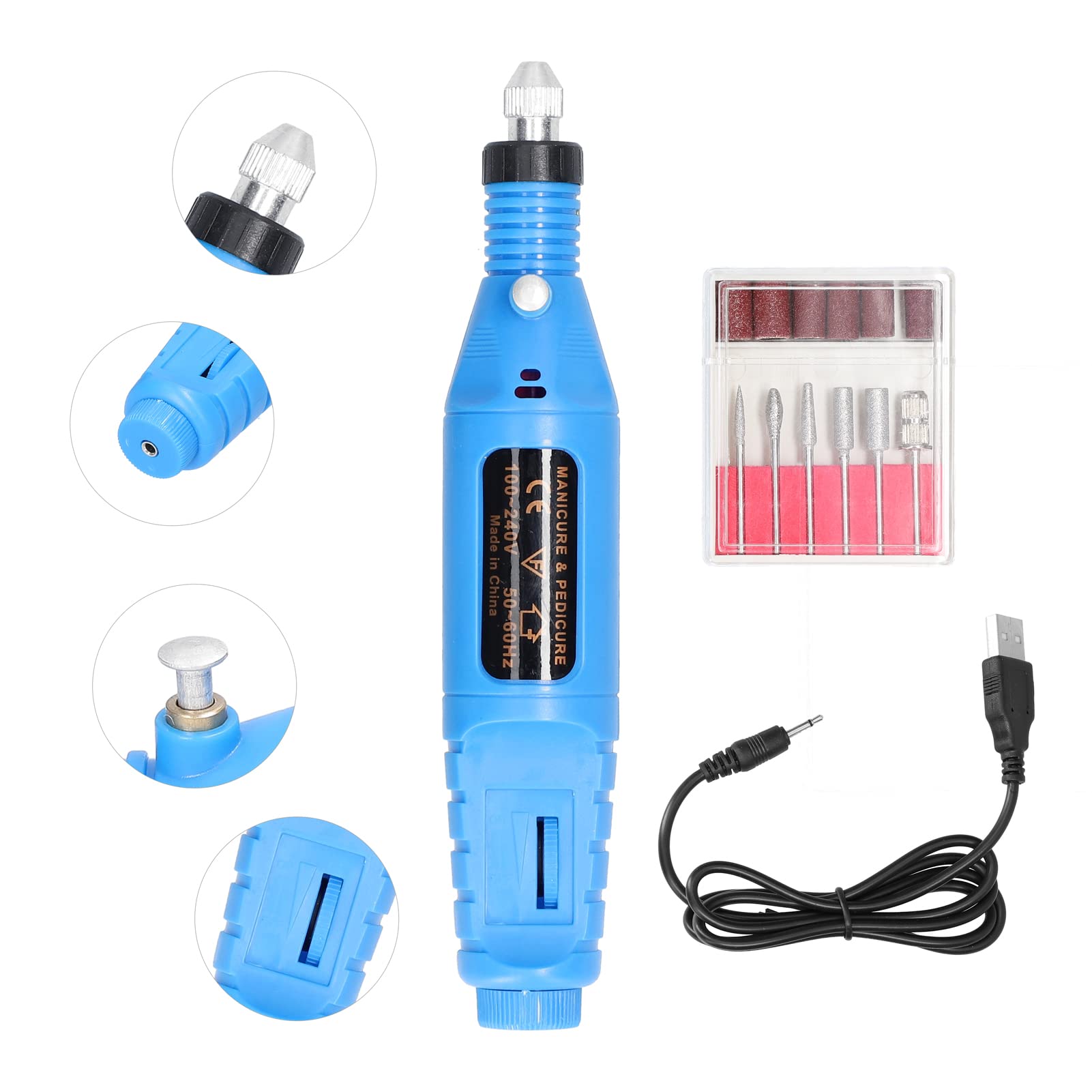 USB Powered Mini Electric Nail Grinder - Adjustable Speed Manicure Tool with 6 Grinding Heads for Gel & Acrylic Nail Removal | Perfect for Home & Salon Nail Care