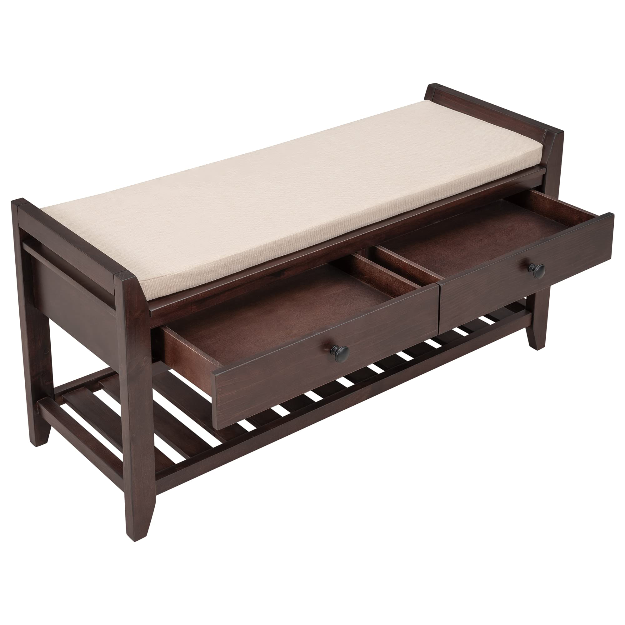 Multipurpose Storage Bench with Cushioned Seat & Drawers - Shoe Rack Organizer for Entryway, Hallway, or Bedroom - Espresso Wooden Bench for Home Decor & Storage Solutions