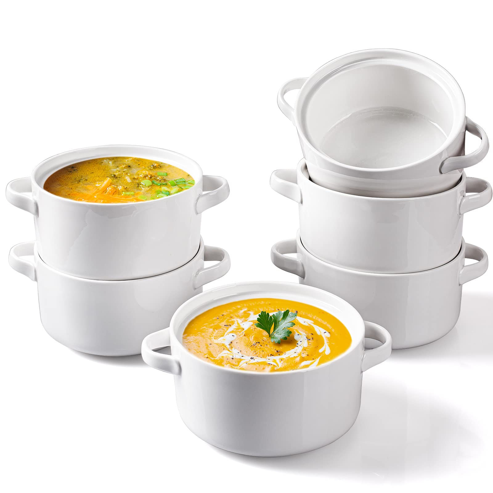 Delling 6-Pack 24oz Ceramic Soup Bowls with Handles - Large Serving Bowls for French Onion Soup, Chili, Stew & Cereal - Microwave & Oven Safe White Bowls - Perfect for Family Dinners, Restaurants & Entertaining