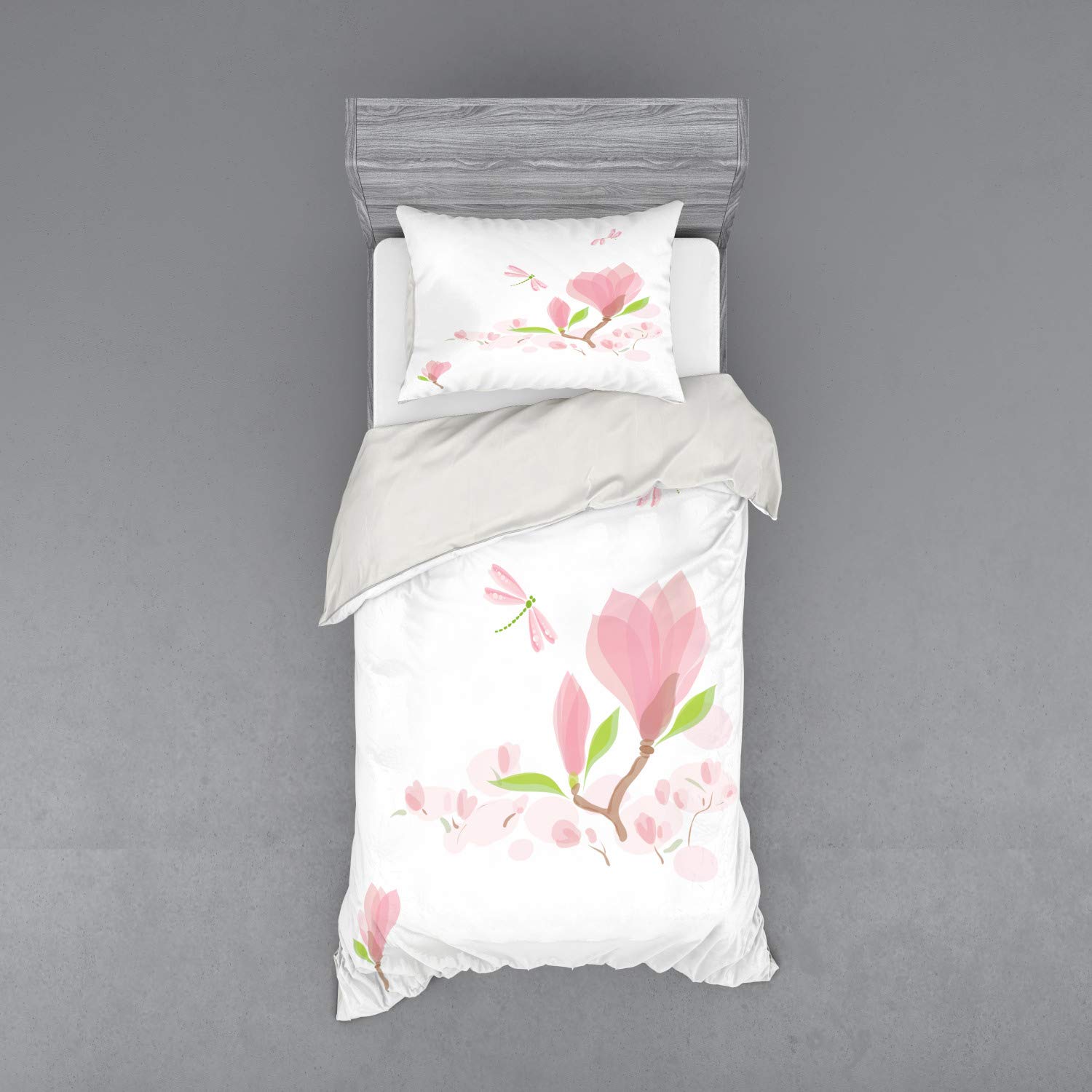 Ambesonne Dragonfly Duvet Cover Set - Soft Tone Magnolia Branches & Leaves Spring Design, 3-Piece Twin Size Bedding Set with Sham & Fitted Sheet in Pale Pink & Lime Green | Perfect for Spring Bedroom Decor, Guest Room Makeover & Romantic Cottage Style