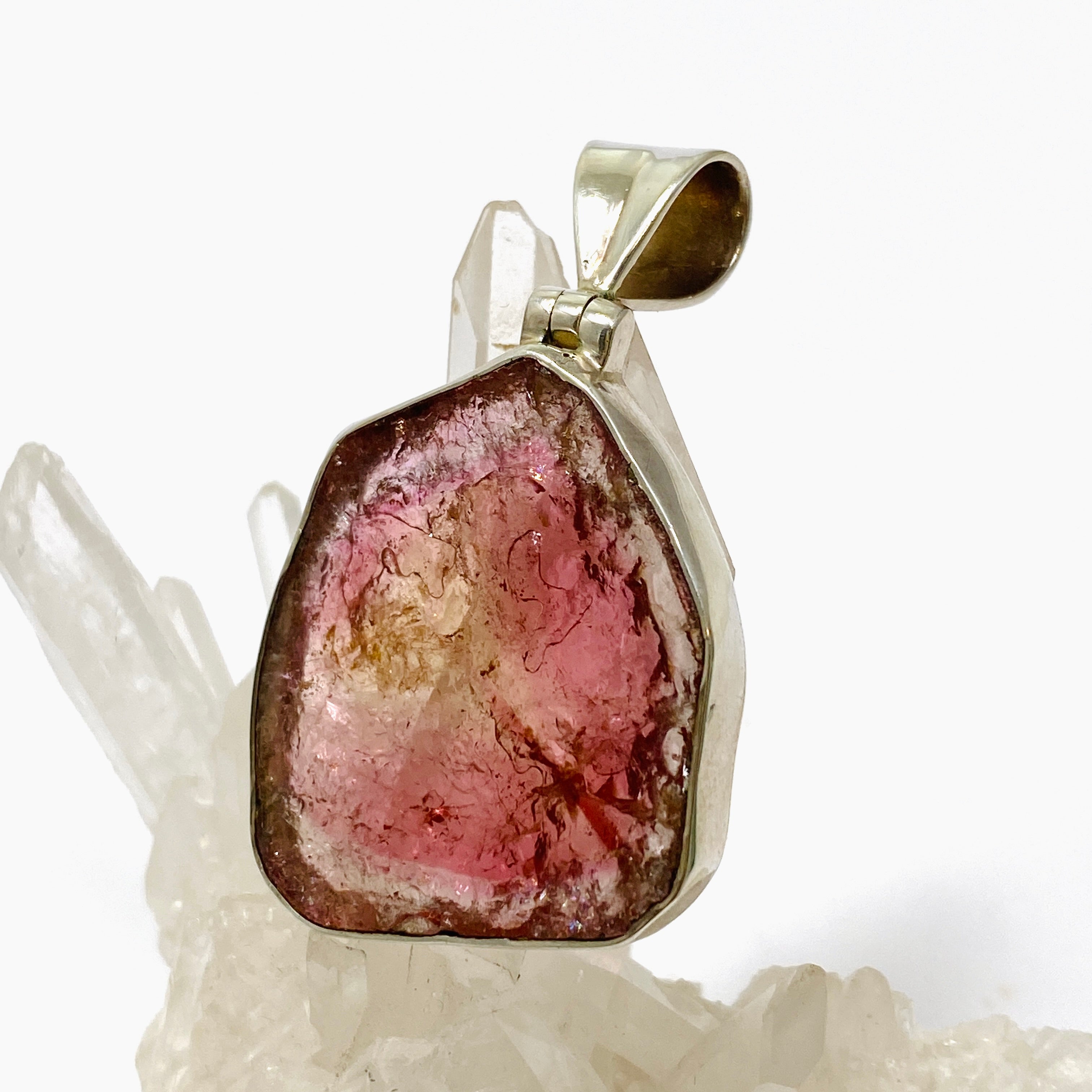 Natural Pink and Gold Tourmaline Gemstone Large Slice Pendant Necklace - GPJ02 for Women, Boho Jewelry, Gift for Her, Perfect for Parties and Special Occasions