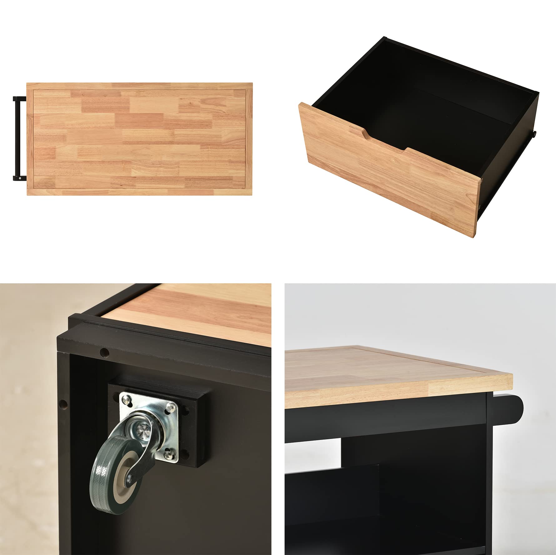 Solid Wood Top Kitchen Island on Wheels - Rolling Kitchen Cart with Storage Drawers, Cabinets, Tower Rack, Spice Rack & Wine Rack - Black - Perfect for Small Kitchens, Dining Rooms & Food Prep Areas