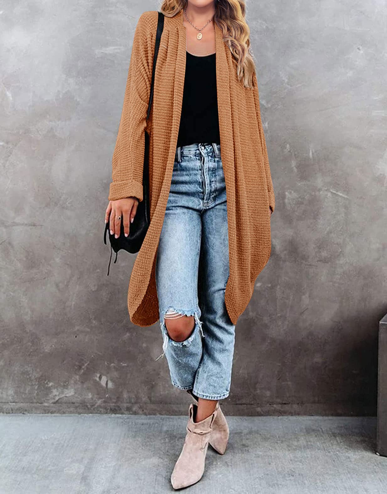 MEROKEETY Women's 2025 Fall Waffle Knit Batwing Long Sleeve Cardigan - Loose Open Front Sweater Coat for Women | Cozy Autumn Layering Piece for Work, Date Night & Casual Outings
