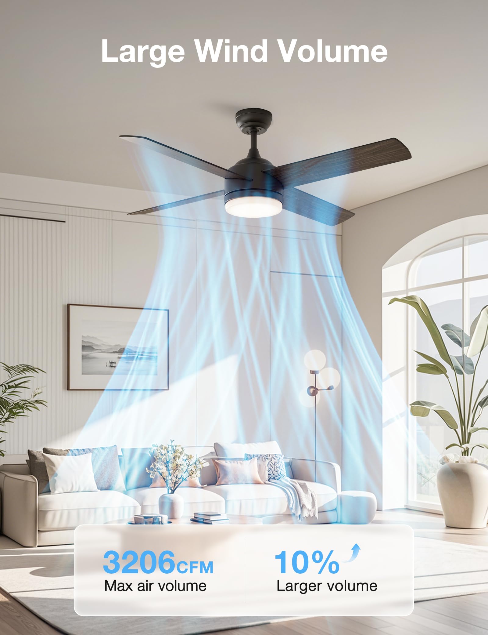 52 Inch Black Ceiling Fan with Lights & Remote Control - 4 Blades for Bedroom, Living Room, Office, Basement, Kitchen & Dining Room | Energy Efficient Cooling & Stylish Home Decor