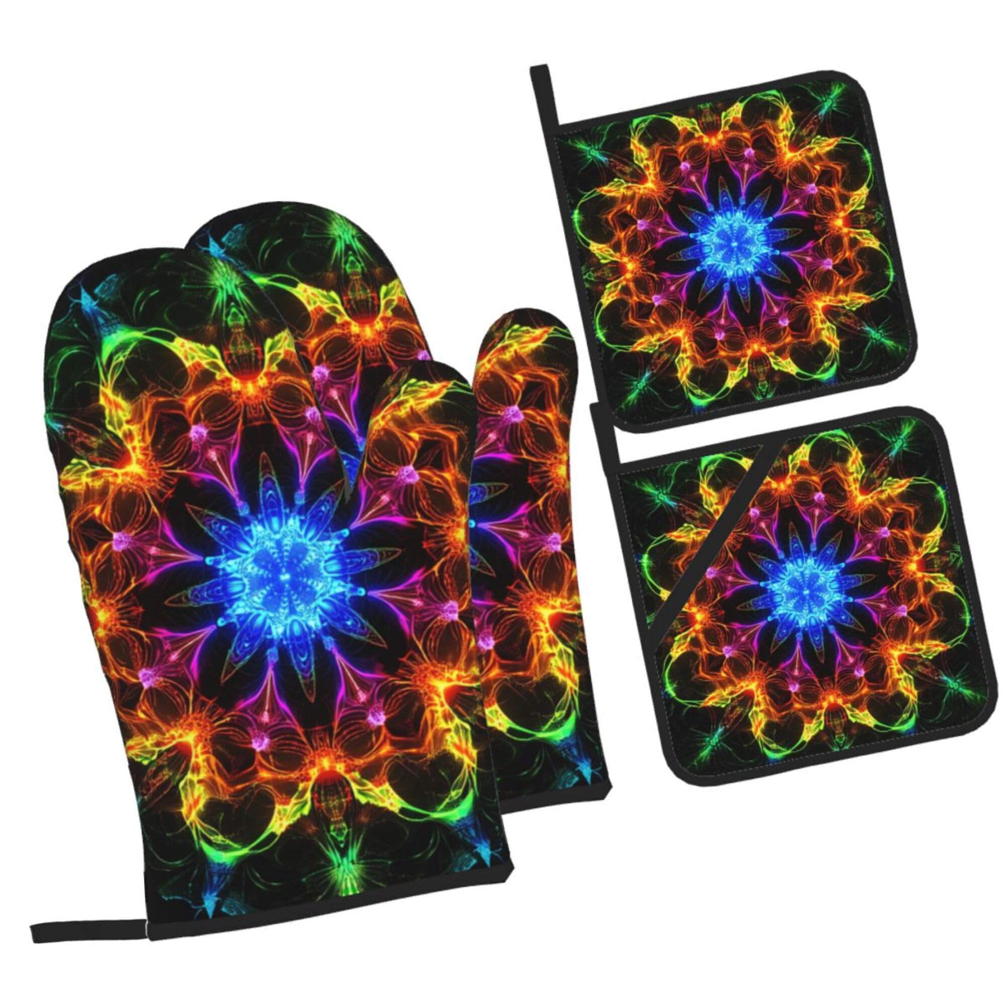 Vintage Neon Mandala Oven Mitts and Pot Holders Set of 4 - Heat Resistant Non-Slip Kitchen Gloves for Baking, Grilling, BBQ & Cooking | Perfect for Home Chefs & Holiday Gifts