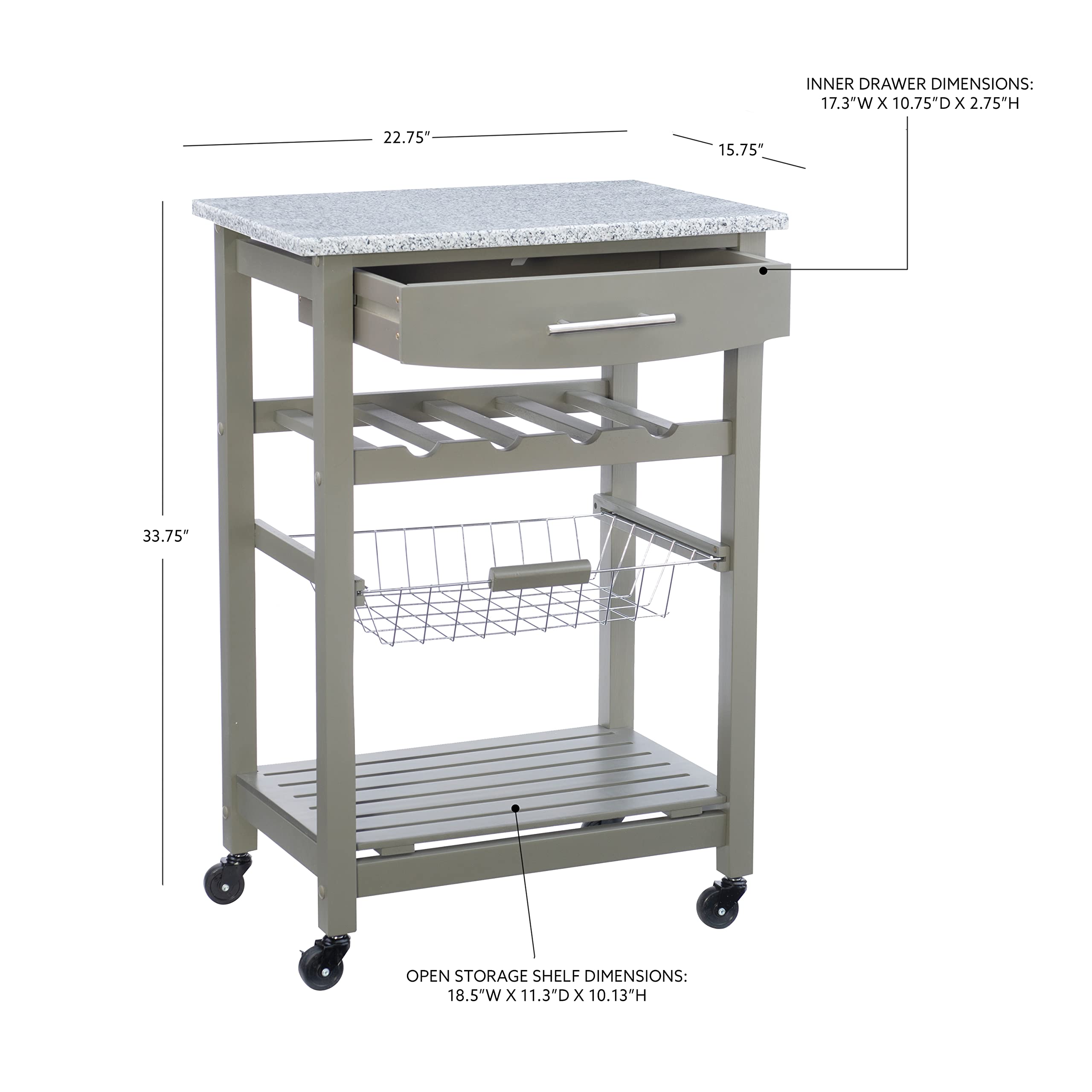 Linon Kitchen Island Cart with Storage, Gray - Rolling Kitchen Island for Small Spaces, Extra Countertop & Cabinet Space for Cooking, Baking & Meal Prep