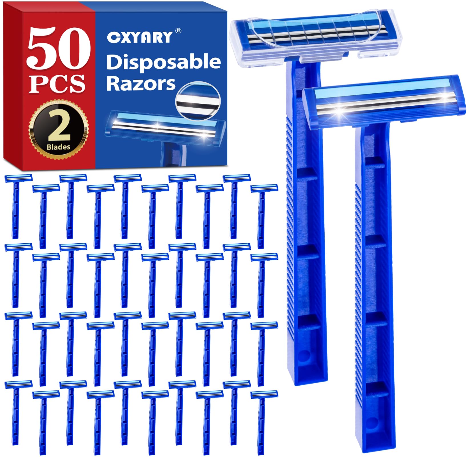50 Pack Disposable Razors with Lubricating Strip - 2 Blade Safety Razors with Clear Protective Cap - Bulk Shaving Razors for Men & Women - Travel, Hotel & Bathroom Essentials - Blue