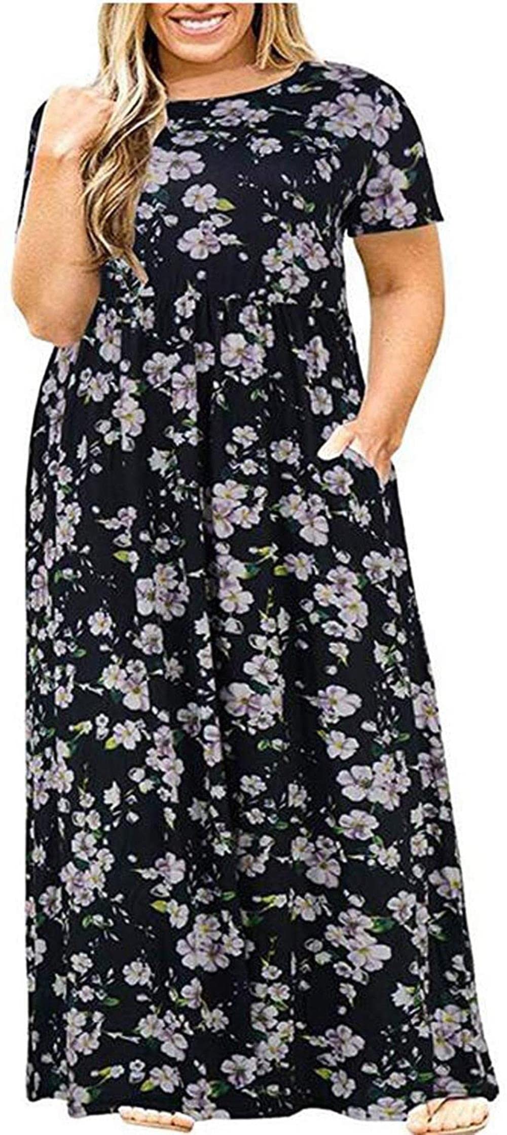 **Plus Size Summer Dresses for Women - Casual Short Sleeve Floral Print Loose Pocket Maxi Dress - Elegant Party & Beach Wear - Comfortable & Stylish for Outdoor Events, Vacations & Daily Wear**
