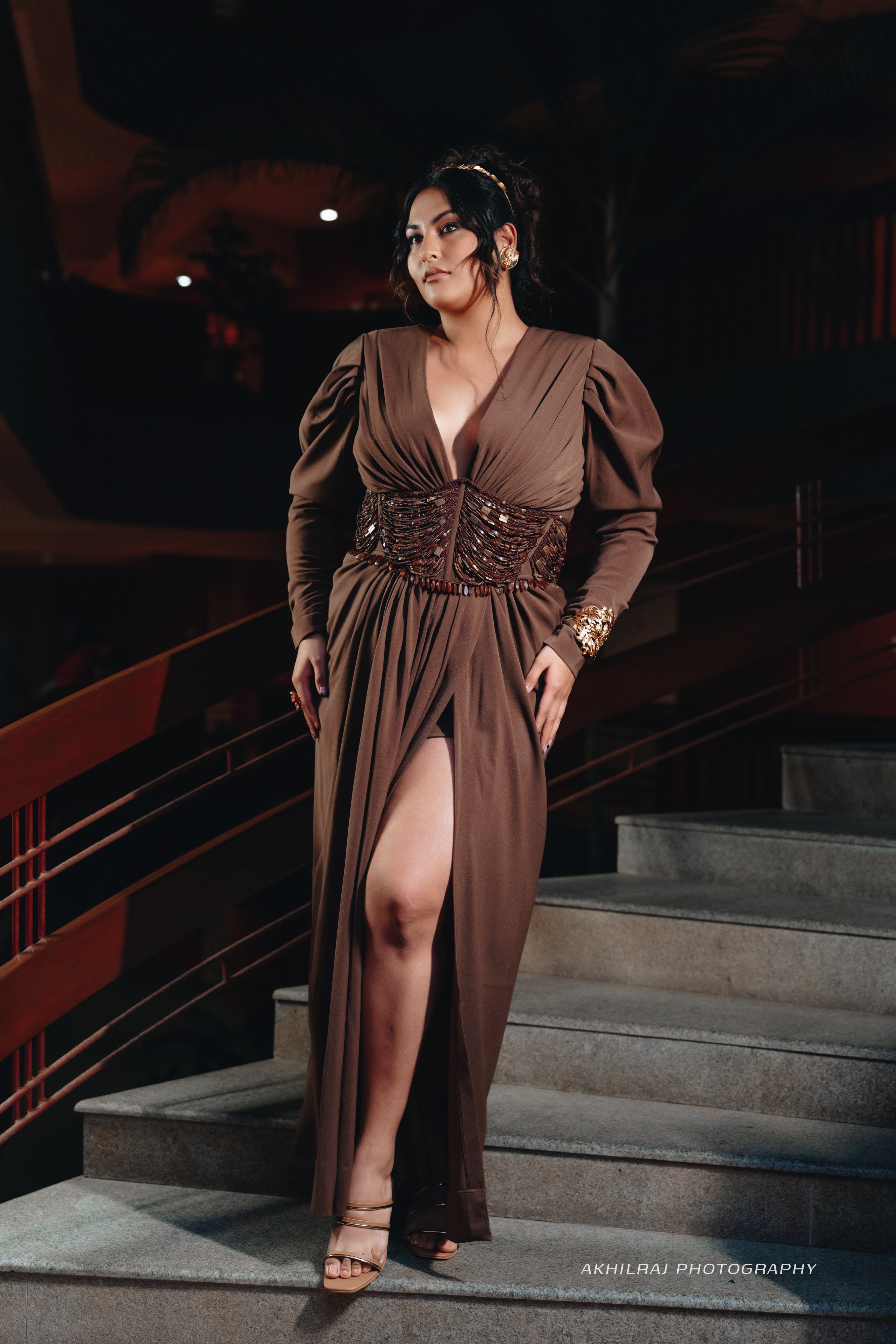 Sakshi Sindhwani Dark Tan Corset Dress with High Slit - Elegant Evening Gown for Parties, Weddings & Special Occasions