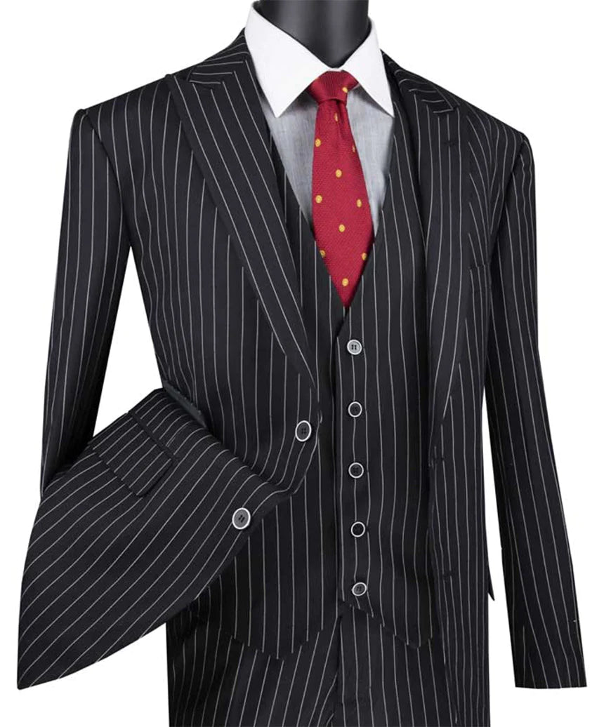 Black Regular Fit 3 Piece Suit 2 Button Gangster Stripe for Men - Business Formal Wear, Wedding Attire & Professional Office Outfits
