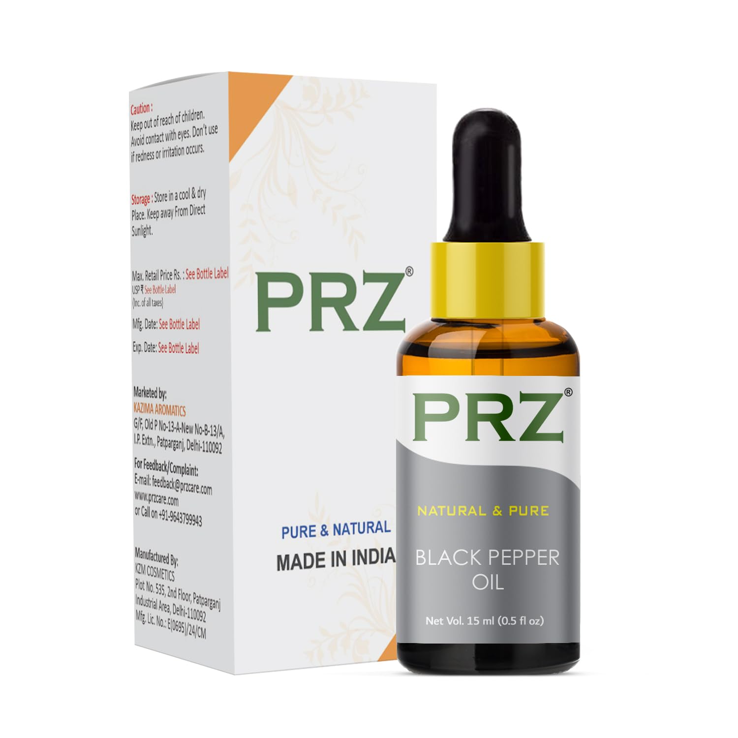 PRZ Black Pepper Essential Oil - 100% Pure Natural Therapeutic Grade for Aromatherapy, Skin Care & Hair Growth | 15ml Bottle | Perfect for Massage, Diffusers & DIY Beauty Products