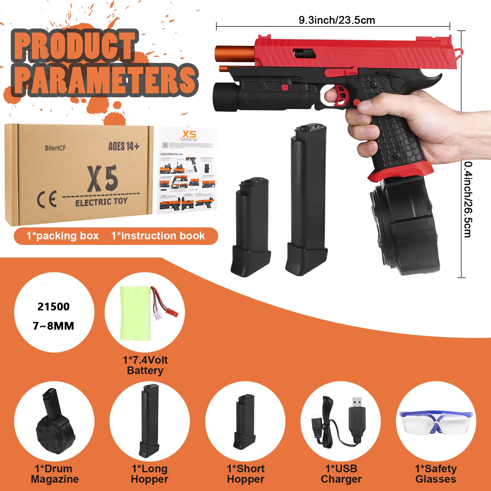 Electric Gel Ball Blaster Toy X5 - Full Auto Splat Blaster Gun with Drum Magazine & Safety Goggles | Outdoor Team Battle Game Toy | X2 Upgraded Version for Teens & Adults 14+ (Red) | Perfect for Backyard Wars, Nerf Battles & Outdoor Team Competitions