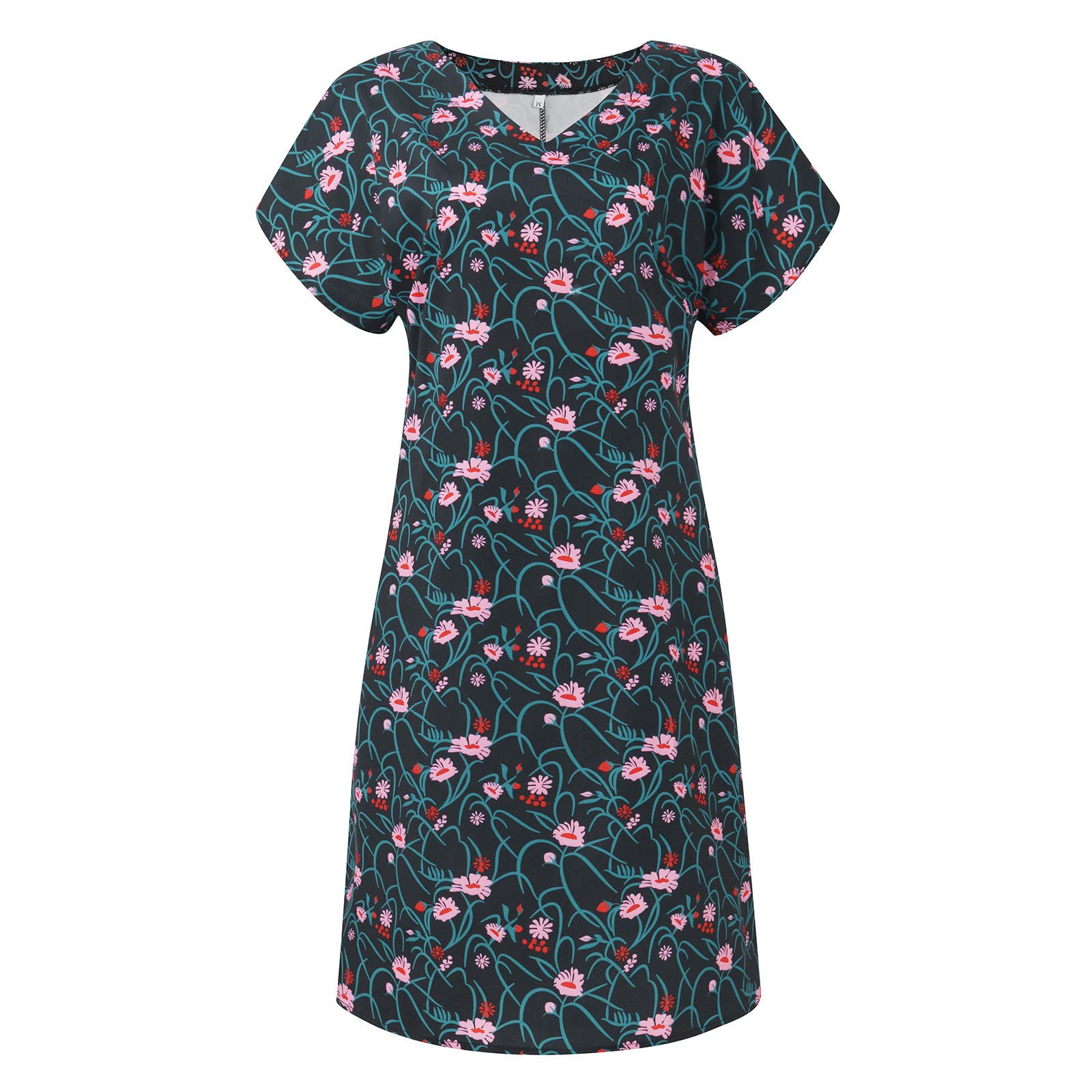Women's Summer Floral Print V-Neck Short Sleeve Dress - Loose Fit Comfortable Casual Sundress for Beach, Vacation & Outdoor Activities