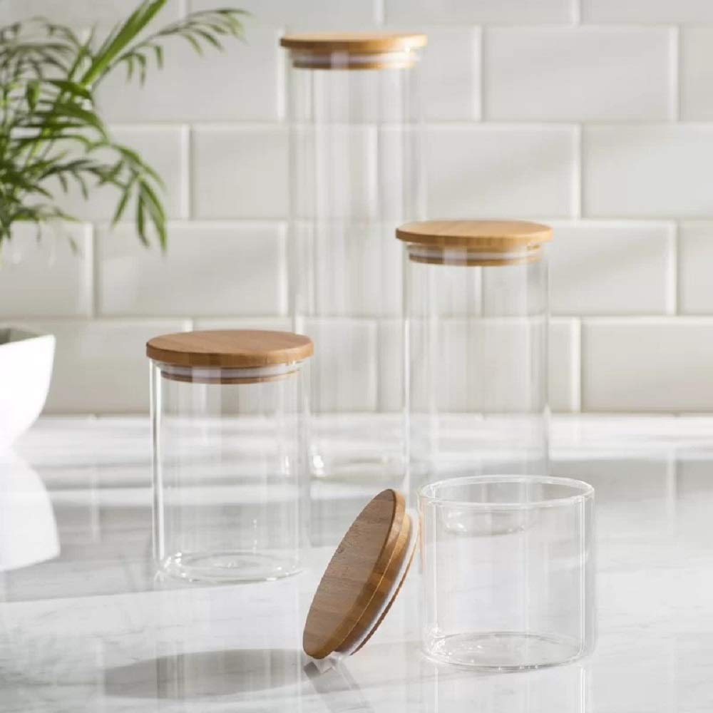 5-Piece Glass Kitchen Canisters Set with Airtight Bamboo Lids - Pantry & Bathroom Storage Jars for Flour, Coffee, Sugar, Rice, Pasta, Snacks | Ideal for Baking, Meal Prep & Home Organization