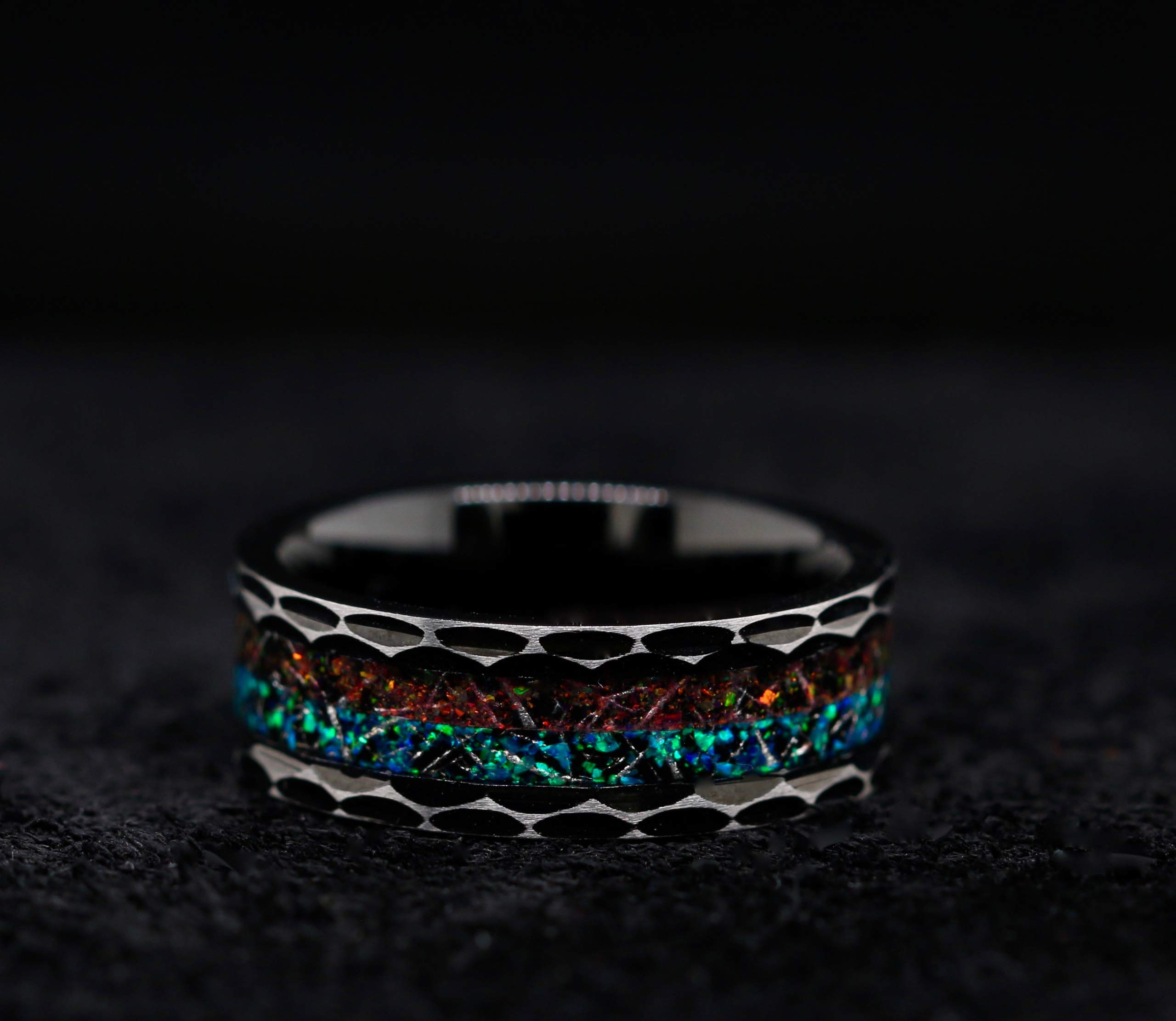 Volcanic Ocean Opal and Meteorite Ring for Women & Men - Unique Blue Opal Wedding Band - Handcrafted Opal Jewelry for Engagement, Anniversary & Special Occasions