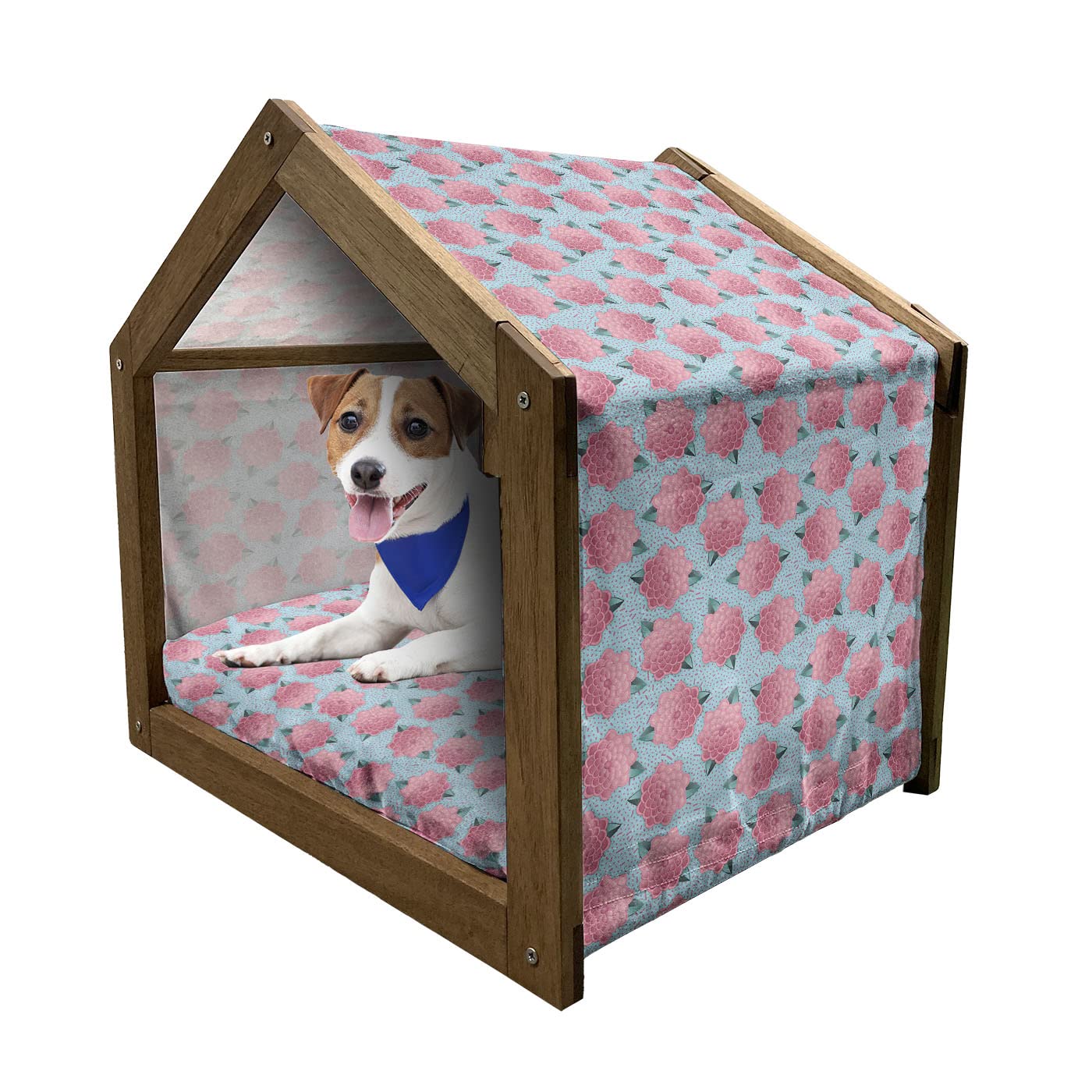 Lunarable Flower Wooden Pet House - Modern Abstract Stripes & Dots Design Dog Kennel with Pillow & Cover, Indoor/Outdoor Portable Dog Bed for Small Dogs, Jade Green & Pale Blue - Perfect for Home, Garden, and Travel Use