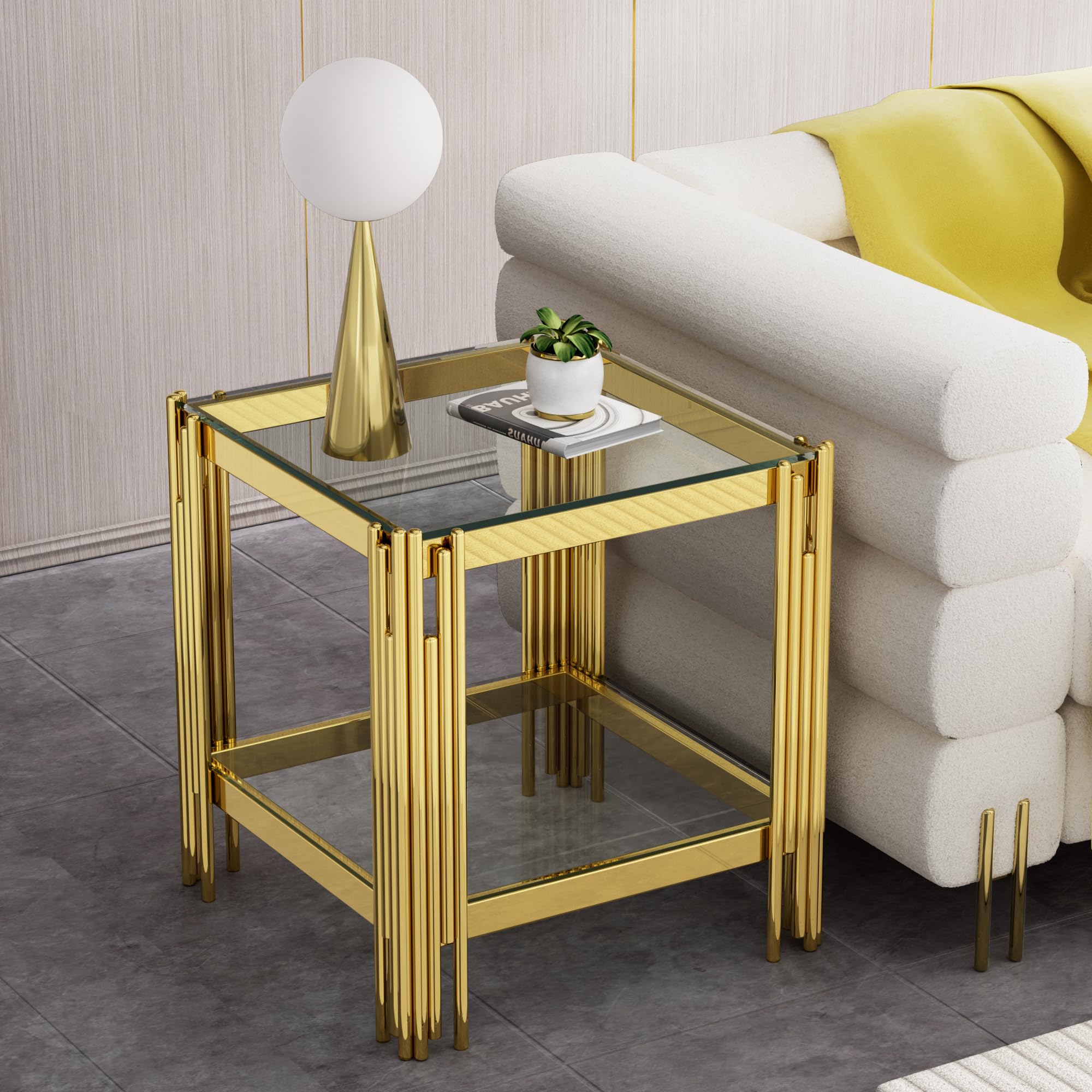 20 Inch Modern Square End Table with Clear Glass Top & Gold Stainless Steel Frame - 2-Tier Luxury Side Table for Living Room, Bedroom, Office - Perfect as Nightstand, Sofa Table or Coffee Table Companion
