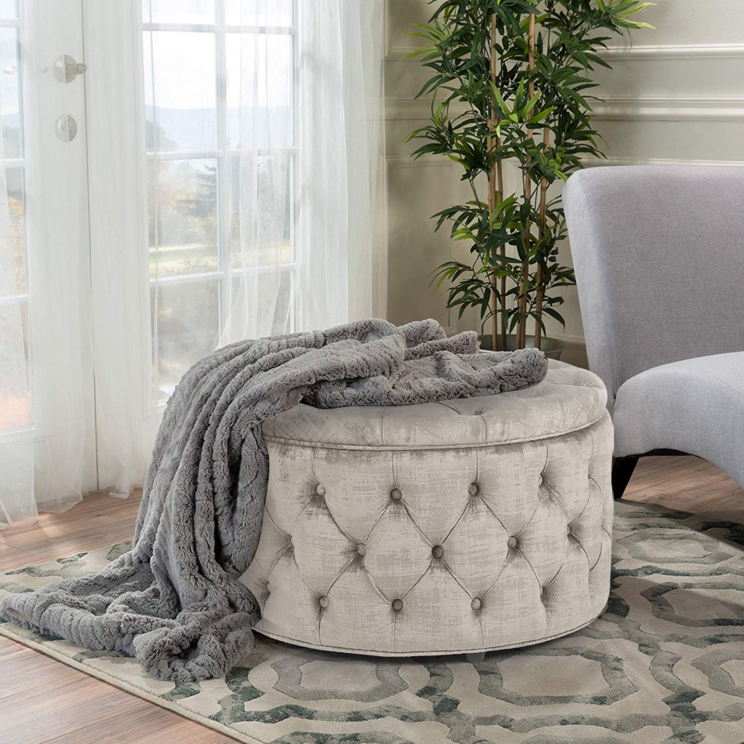Joveco Round Storage Ottoman with Removable Top - Button Tufted Upholstered Bench, Coffee Table & Footrest Stool for Living Room, Bedroom & Entryway - Perfect for Extra Seating, Storage & Home Decor (Beige)