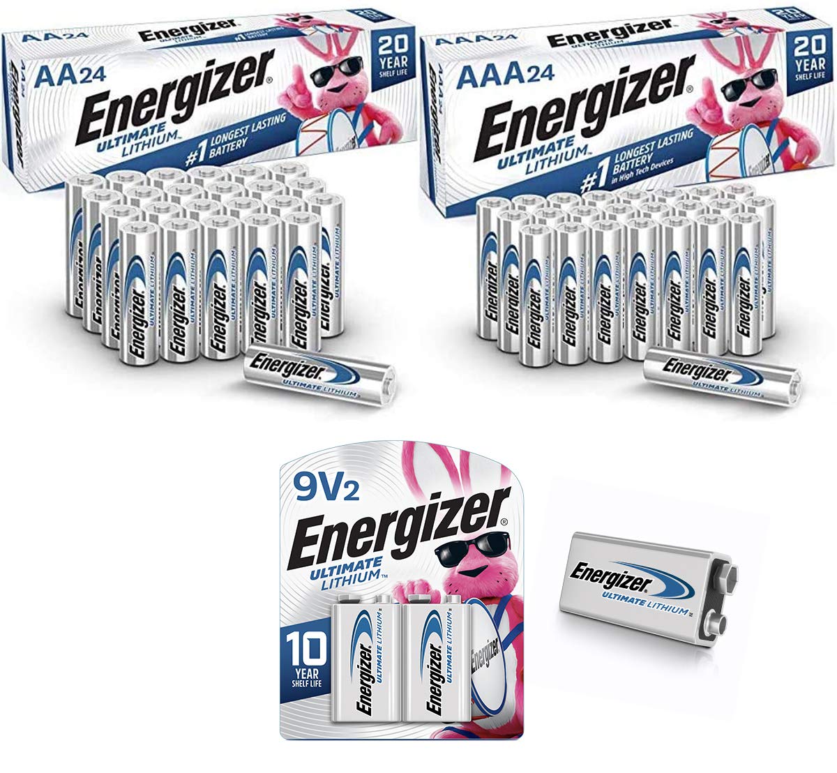 Energizer Ultimate Lithium AA AAA 9V Batteries Variety Pack - 24 AA, 24 AAA & 2 9V Batteries (50 Count) | Long Lasting Double A Triple A Lithium Batteries for Cameras, Flashlights, Toys & Electronics