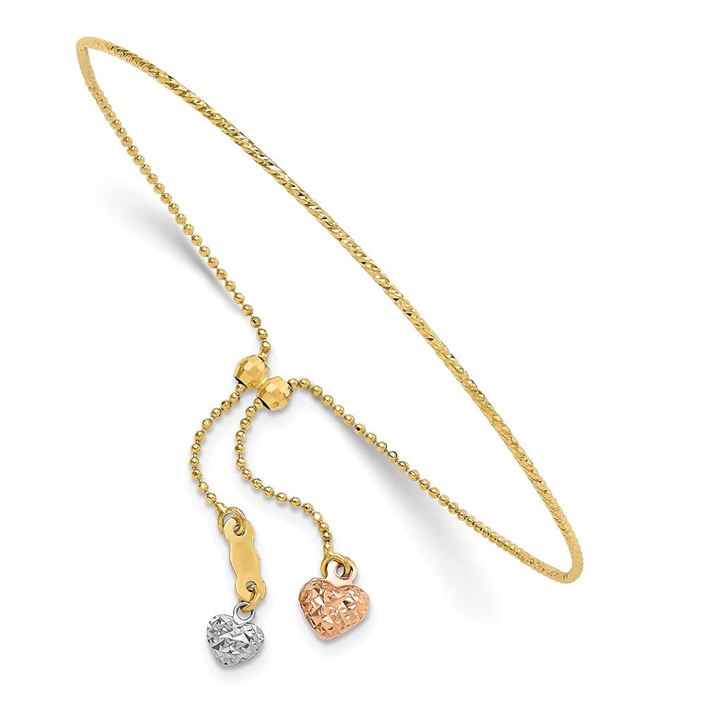 14K Tri-Color Gold Sparkle Cut Love Heart Adjustable Bracelet for Women - Elegant Jewelry Gift for Her, Perfect for Valentine's Day, Anniversary, Birthday & Special Occasions