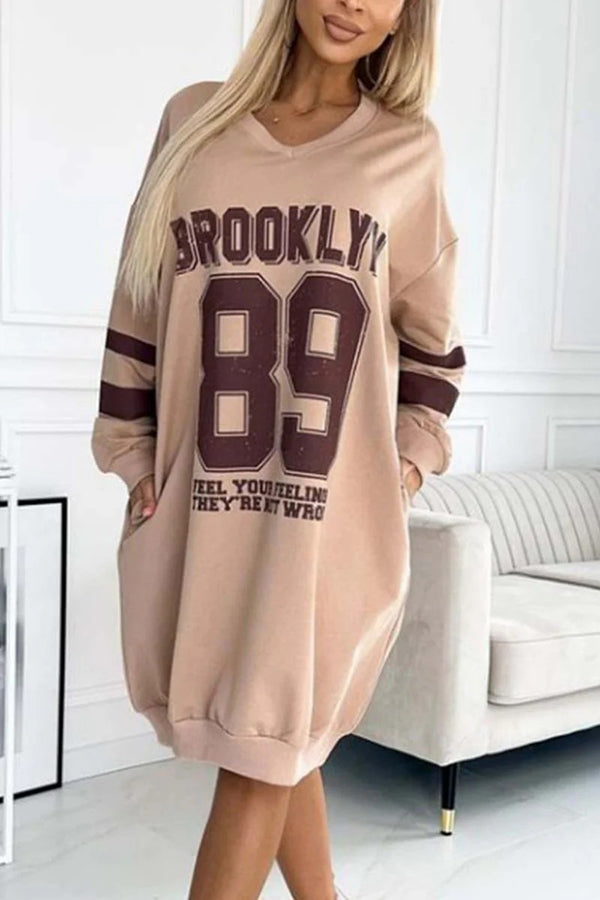 Stylish Sporty Jersey Mini Dress with Long Sleeves & Pocket - Digital Print Fashion for Women | Perfect for Gym, Casual Outings & Streetwear