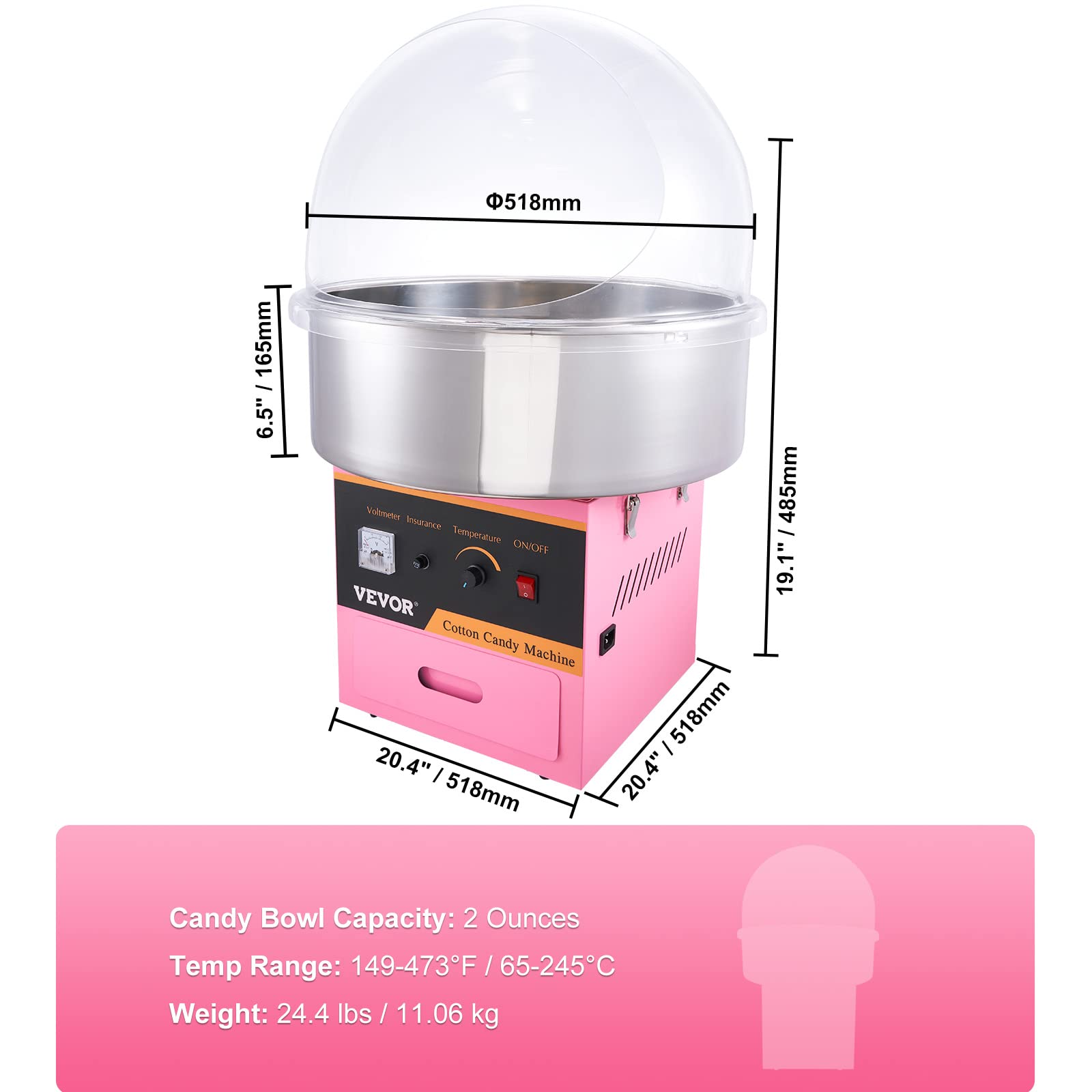 VEVOR Commercial Cotton Candy Machine with Cover - Electric Floss Maker with Stainless Steel Bowl, Sugar Scoop & Storage Drawer - Perfect for Home, Parties, Carnivals & Events (Pink)