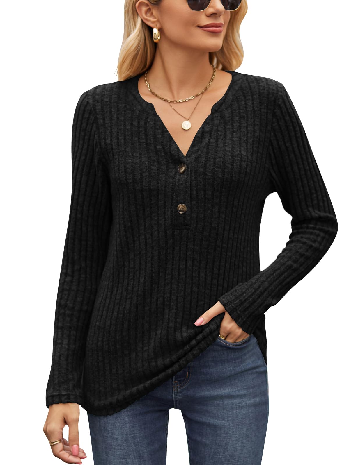 Women's V Neck Knit Tunic with Buttons - Casual Long Sleeve Top for Work & Outings