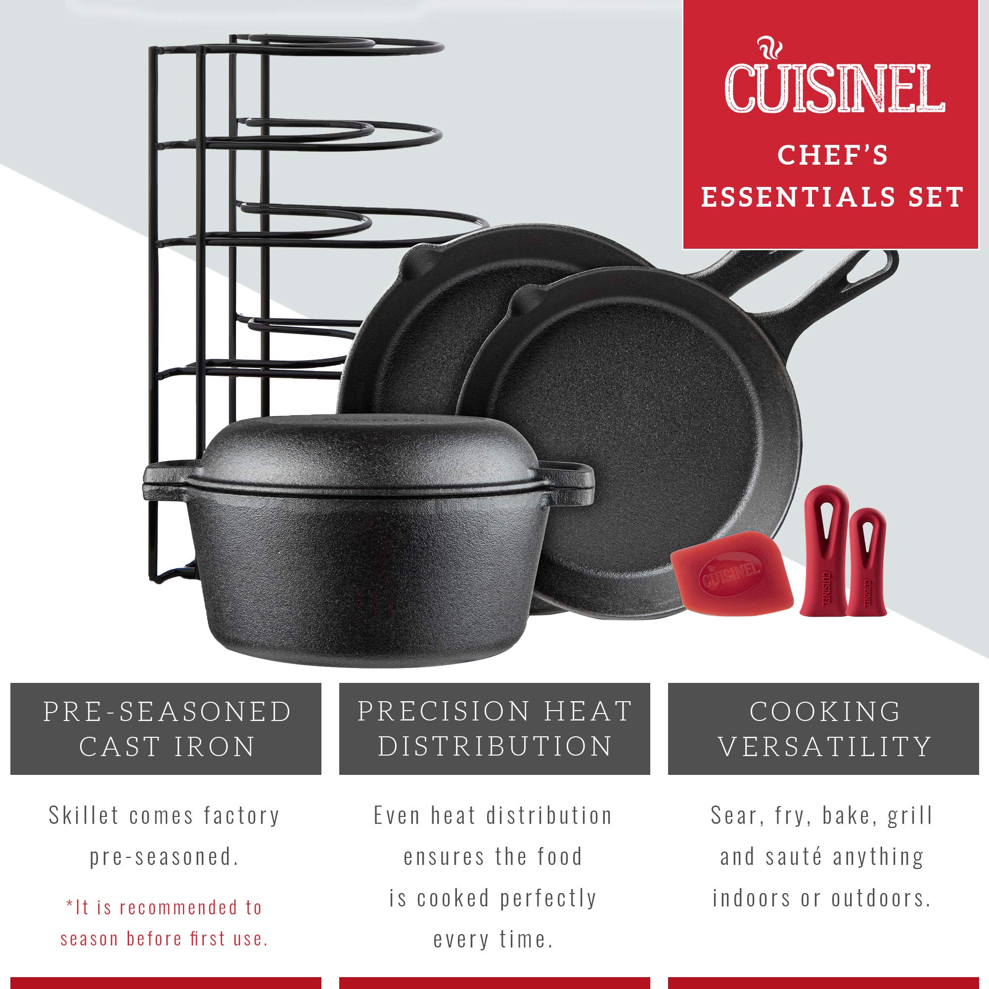 Cuisinel 8-Piece Cast Iron Cookware Set - Pre-Seasoned 10
