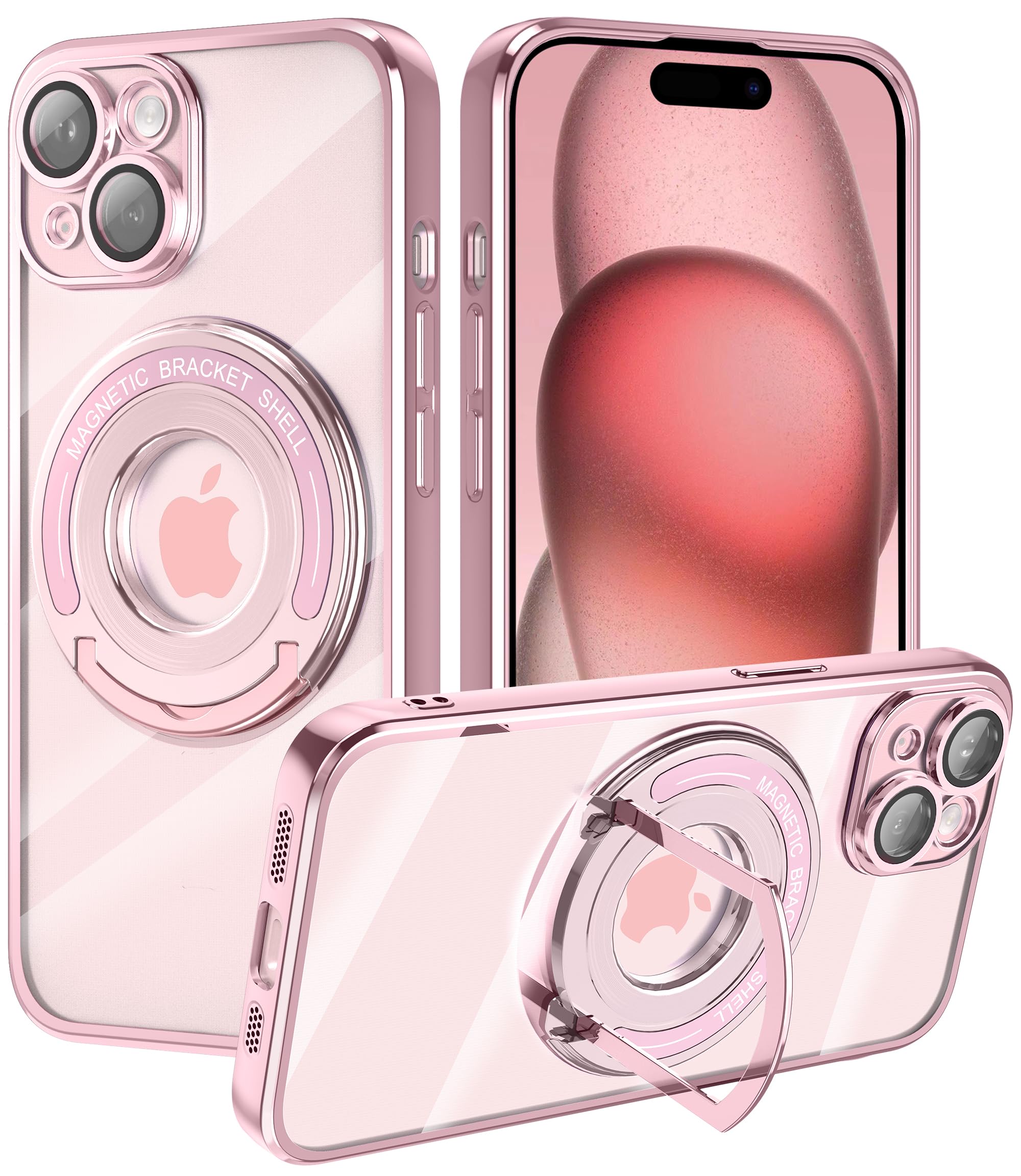 LONTECT Magnetic Ring Stand Shockproof Case for iPhone 15 (6.1-inch 2023) - Slim Fit Clear/Rose Gold Cover with Built-in Camera Protector | Perfect for Work, Travel & Everyday Protection