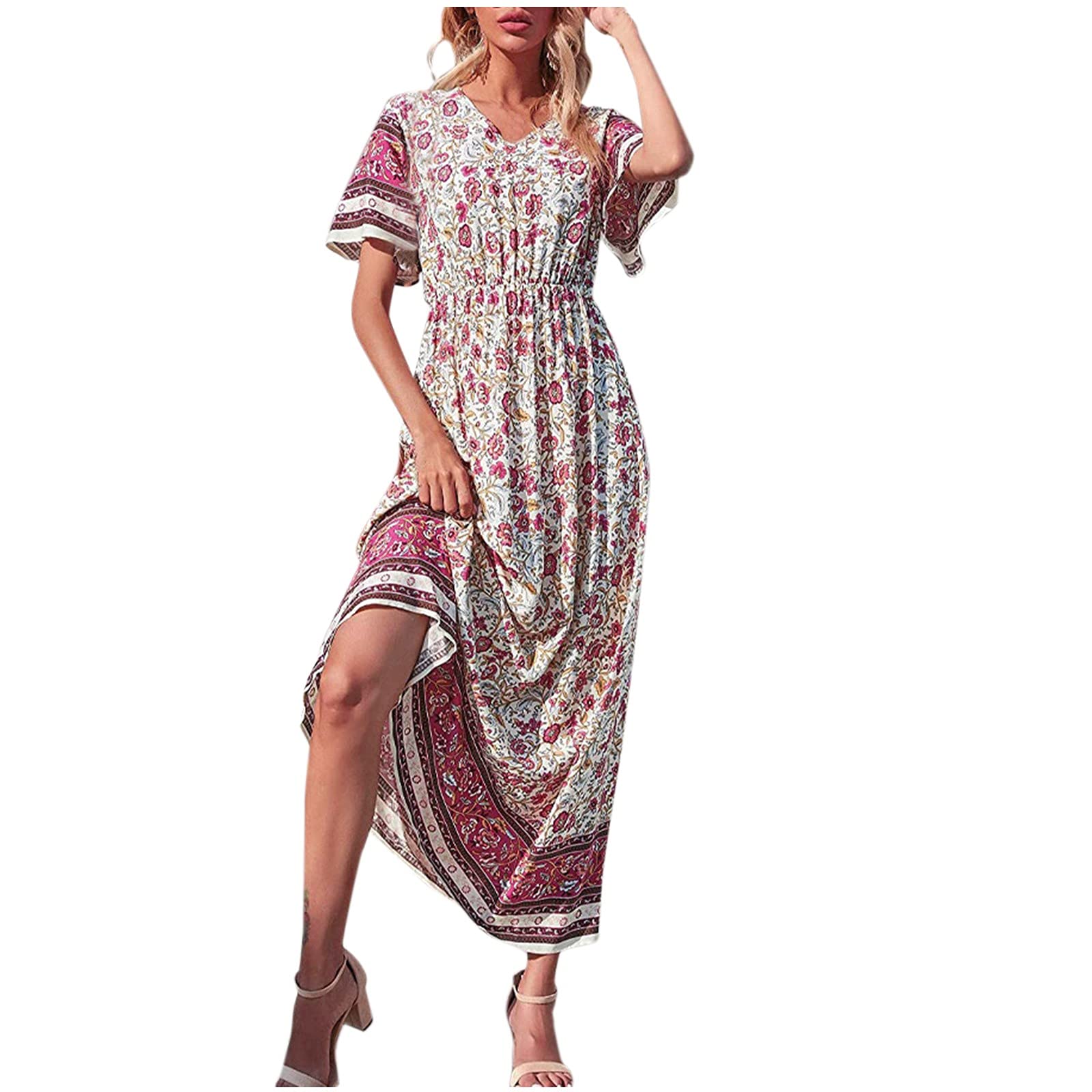 Elegant Blue Floral Maxi Dress for Women - Long Flowy Pleated V-Neck Summer Beach Dress & Formal Evening Gown | Perfect for Vacations, Weddings & Date Nights