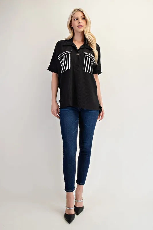 Celeste Plus Size Full-Length Rib Knit Collared Top with Striped Pockets - Black & White Stripes | Casual Office Wear & Weekend Outfits