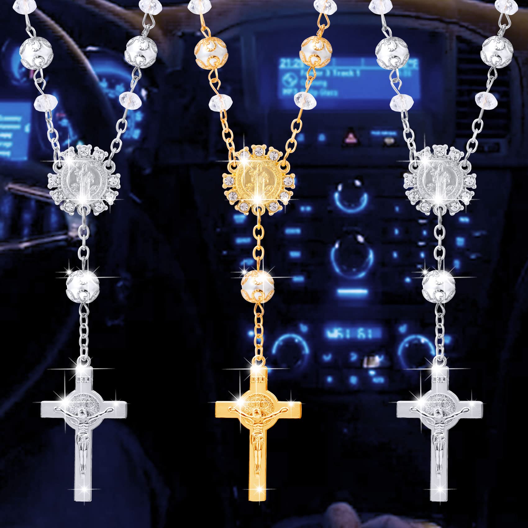 PAGOW 3Pcs Bling Crystal Car Rosary for Mirror - Catholic Cross Hanging Pendant for Women, Car Blessing Accessories | Perfect for Daily Commute, Road Trips & Spiritual Protection