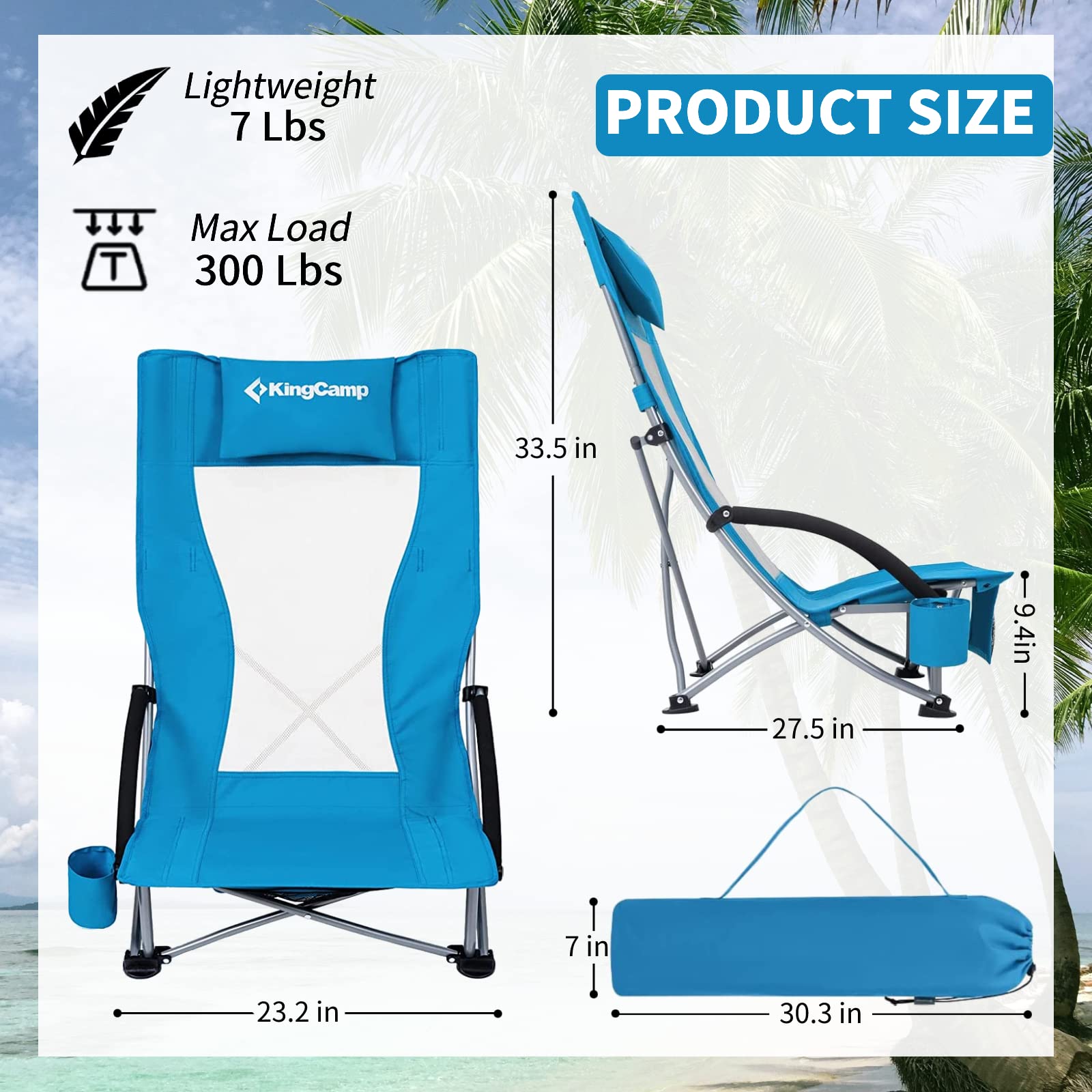 KingCamp Folding Beach Chair with Cup Holder & Carrying Bag - Lightweight High Back Camping Chair for Adults, Portable Outdoor Chair with Padded Armrest - Perfect for Beach, Camping, Picnics, Backyard Parties & Travel Adventures