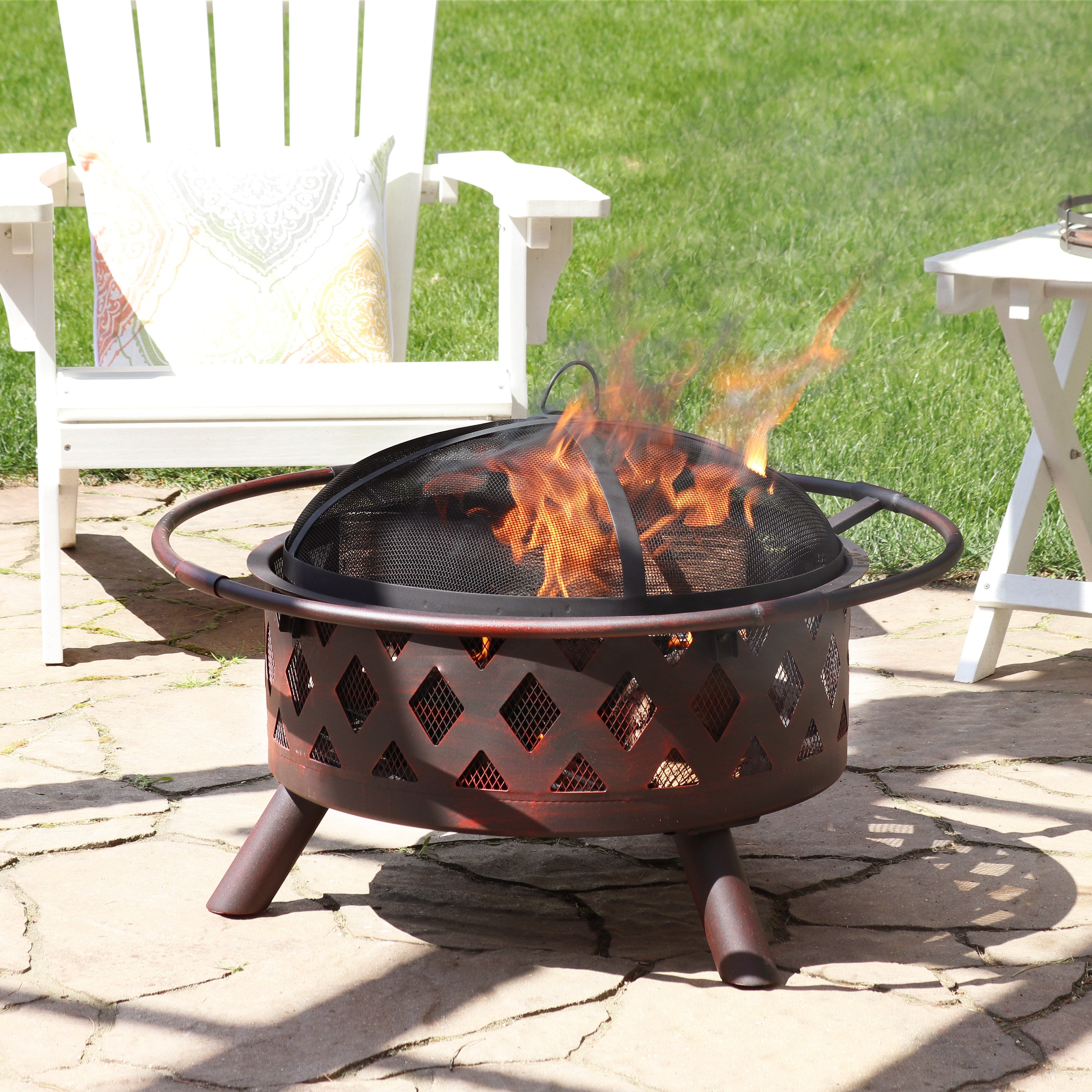 Sunnydaze Bronze Crossweave Outdoor Fire Pit with Spark Screen & Poker - Heavy Duty Steel Wood Burning Firepit for Backyard, Patio, Camping & Bonfires