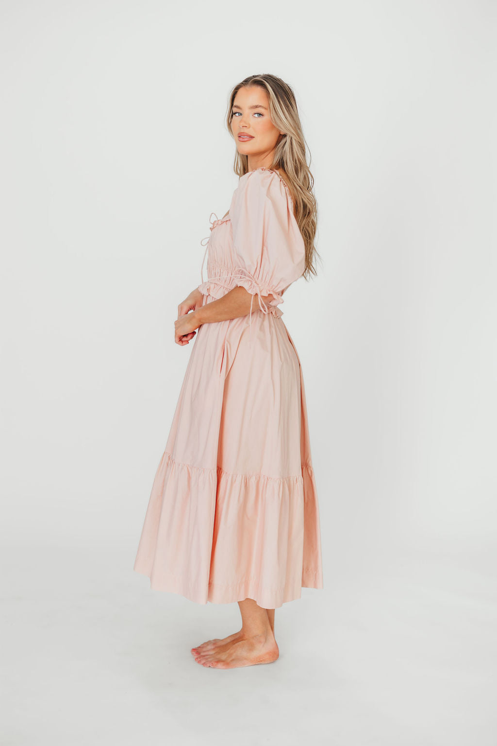 100% Cotton Crissy Ruched Midi Dress in Dusty Pink | Bump Friendly Maternity Dress | Perfect for Baby Showers, Date Nights & Summer Weddings