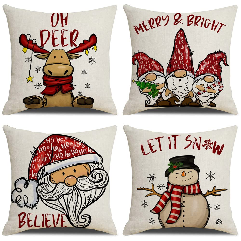 **18x18 Christmas Pillow Covers Set of 4 - Farmhouse Holiday Decor, Cotton Linen Throw Pillow Covers for Couch, Sofa & Outdoor Use - Perfect for Living Room, Porch & Seasonal Home Decor**