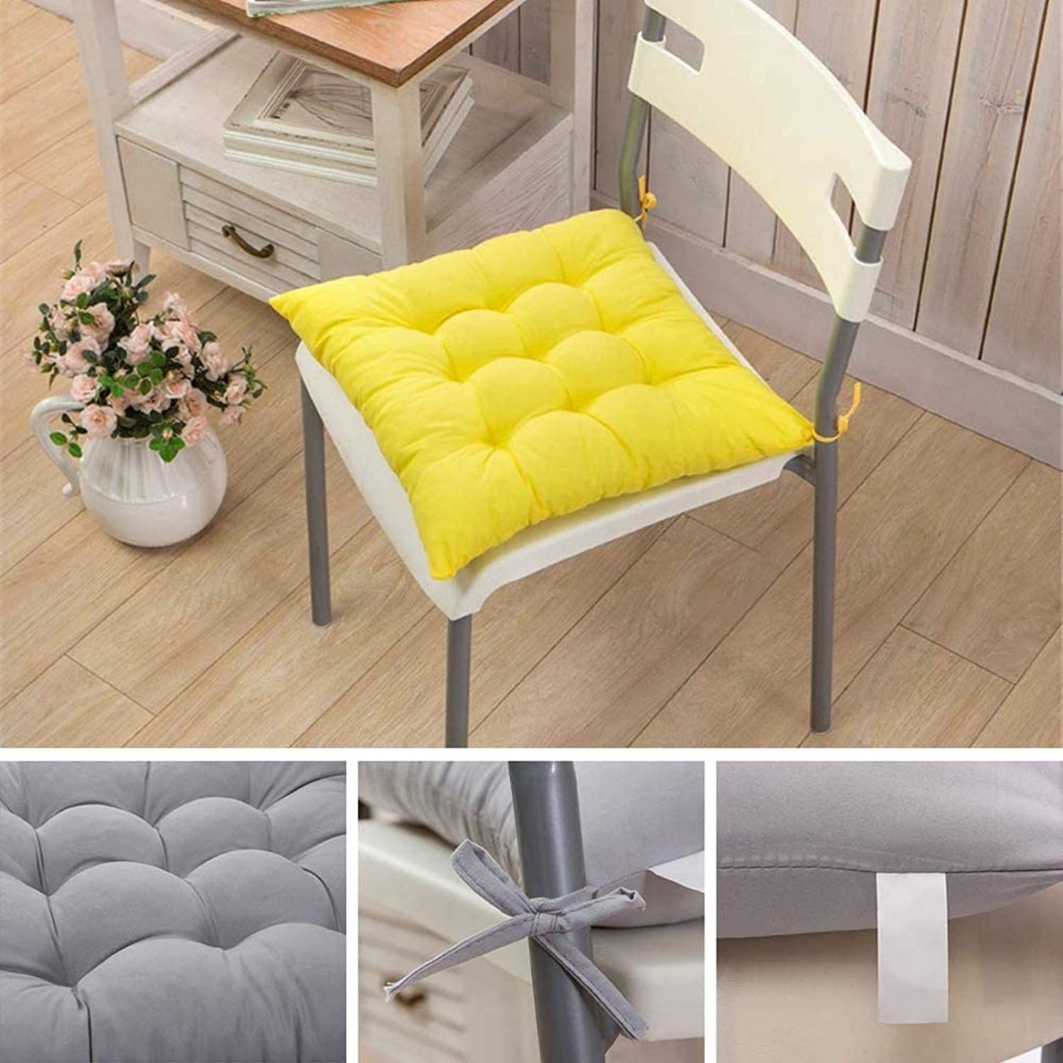 Premium Solid Square Chair Pads Set of 6 - Non-Slip Dining Chair Cushions with Ties for Kitchen, Office & Home Use - Comfortable Seat Cushion Pads for Dining Room Chairs, Bar Stools & Workstations