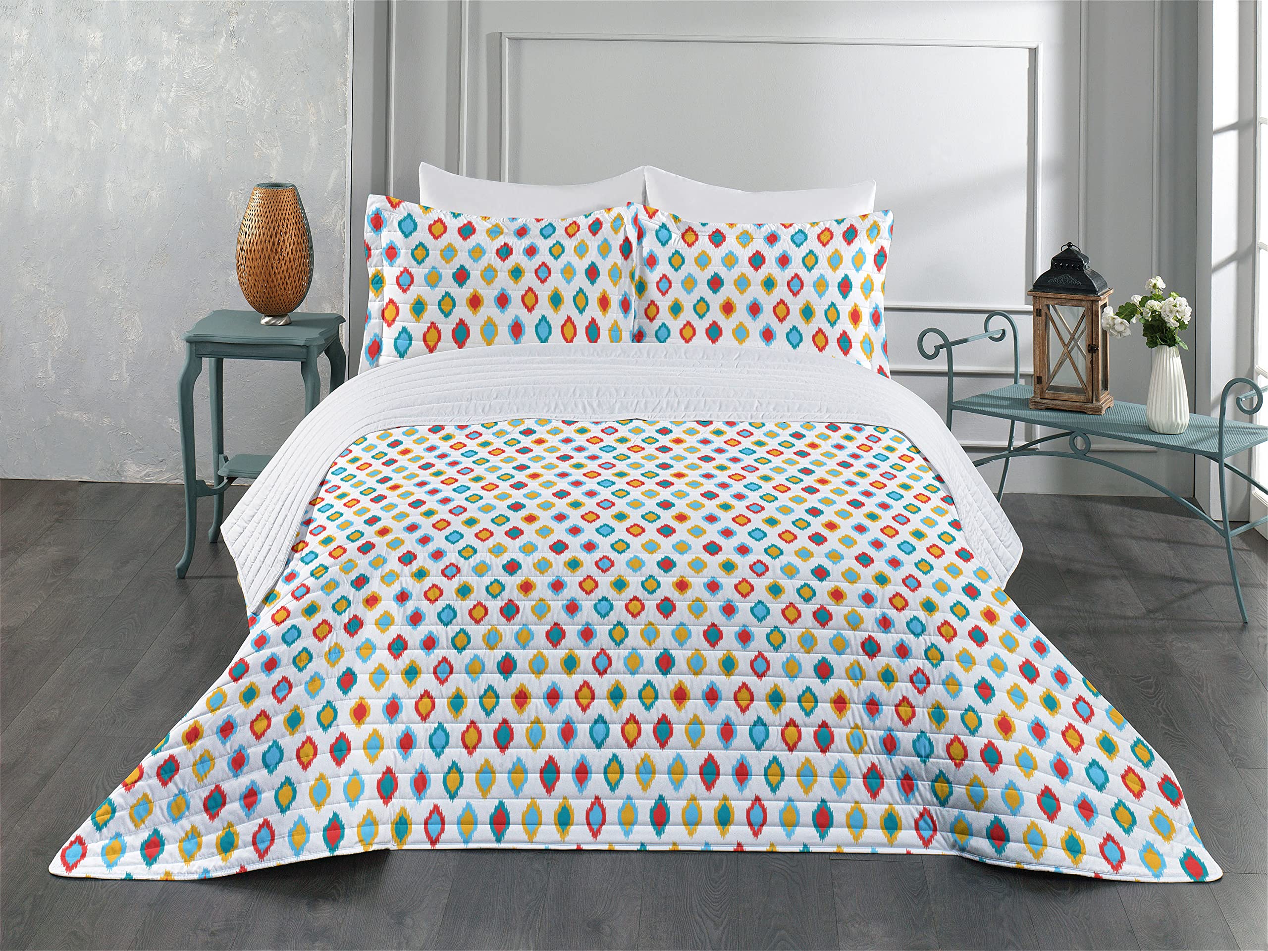 Lunarable Ikat Microfiber Bedspread Set - Queen Size Soft Bedding with Pillow Shams & Comforter, Traditional Oriental Ikat Patterns in Yellow White Blue - Perfect for Boho Chic Bedroom Decor, Guest Room Makeover, and Cozy Home Styling
