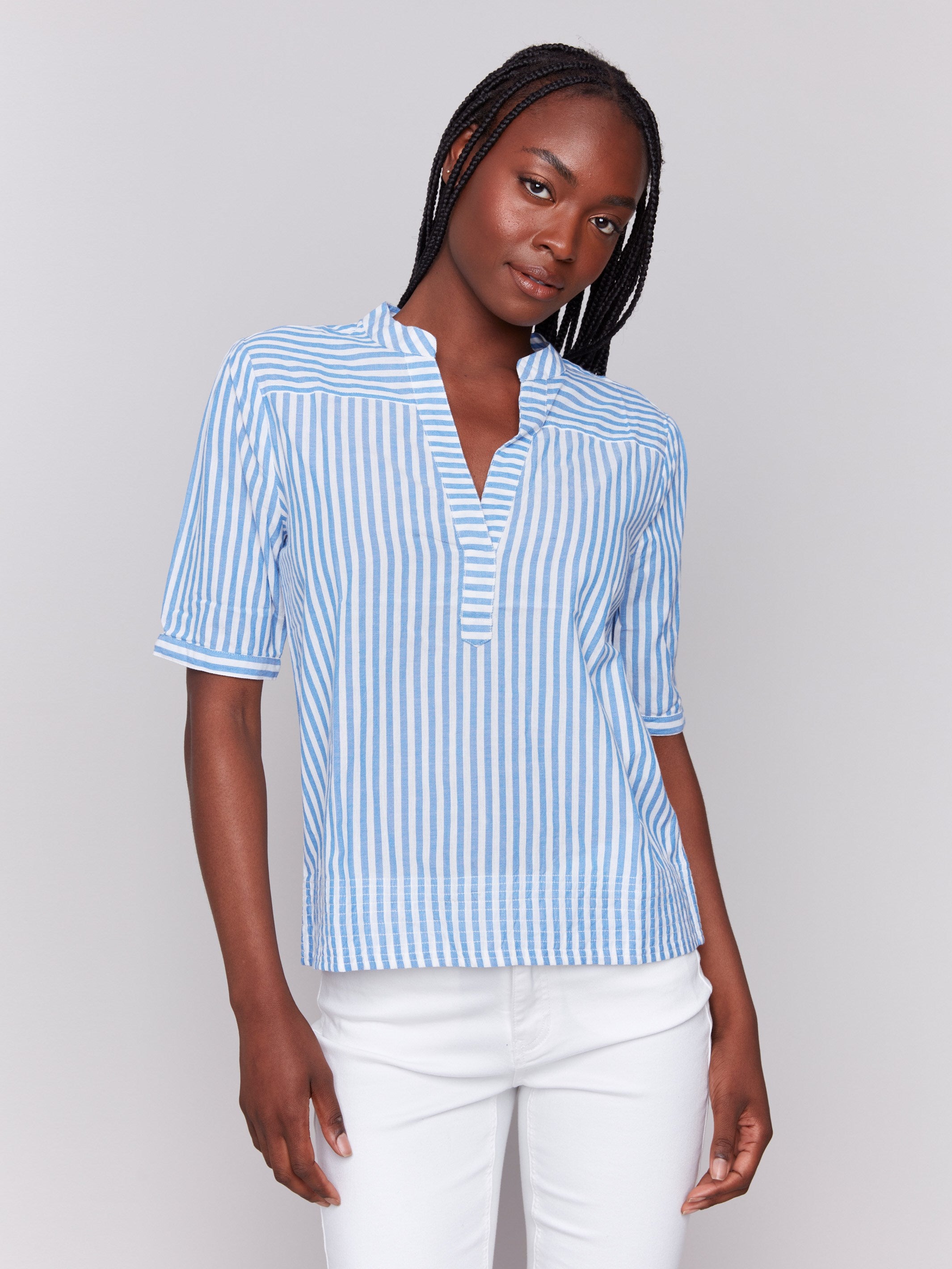Women's Striped Short Sleeve Popover Denim Blouse - Casual Summer Shirt for Work, Date Night & Weekend Outings