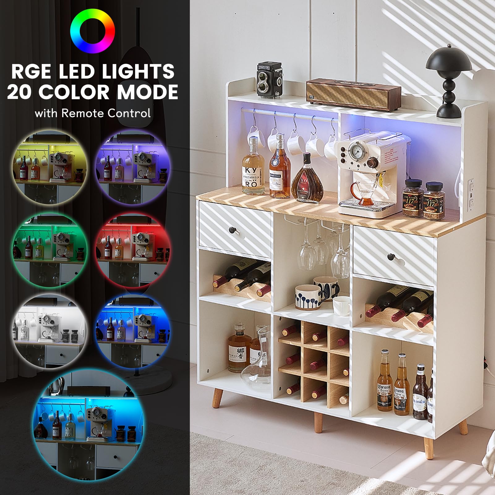 Wine Bar Cabinet with Power Outlet & LED Lights - Modern Bar Storage Cabinet with Drawers, Adjustable Shelves - Perfect for Liquor, Wine Glasses & Coffee Bar Organization - Ideal for Dining Room, Living Room or Home Bar Setup