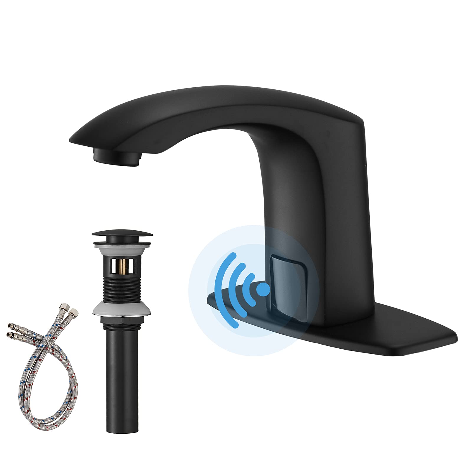 Automatic Sensor Bathroom Faucet Matte Black - Hands-Free Touchless Bathroom Sink Faucet with Control Box, Temperature Mixer & Hole Cover Plate - Battery Powered for Home, Commercial & Public Restrooms