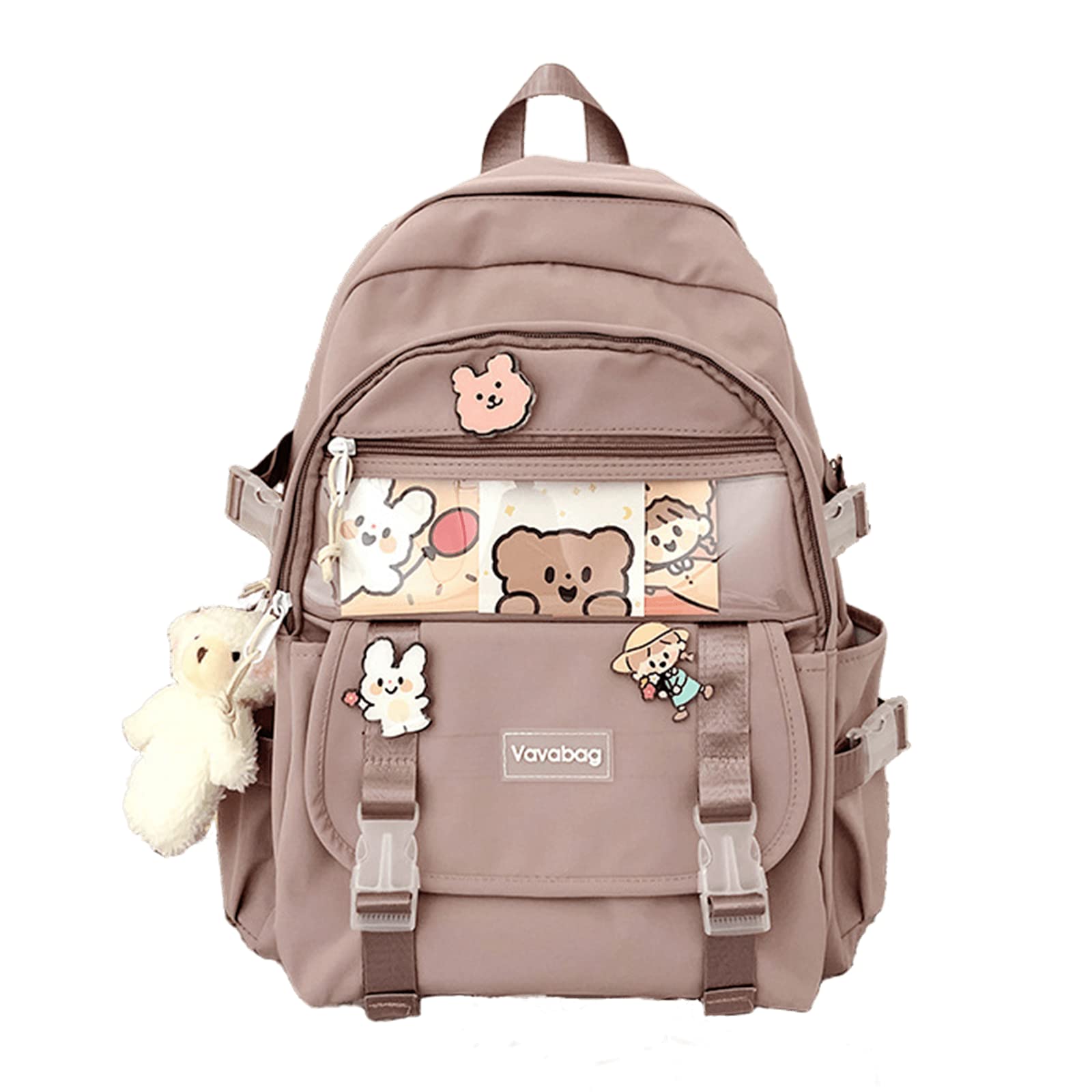 Cute Kawaii Backpack with Bear Pendant & Pins - Aesthetic School Bag for Girls, Teens & College Students - Lightweight Durable Backpack for School, Travel & Daily Use (Pink)