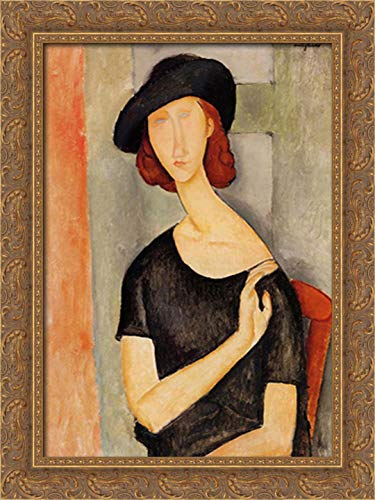 Jeanne Hebuterne in a Hat 18x24 Gold Ornate Wood Framed Canvas Art Print by Amedeo Modigliani - Vintage Wall Decor for Living Room, Bedroom & Office
