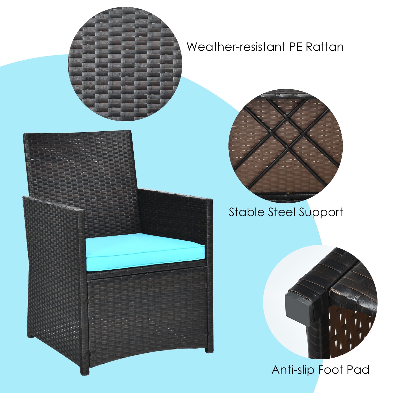 HAPPYGRILL 3-Piece Outdoor Wicker Bistro Set - PE Rattan Dining Table with Cushioned Chairs, Patio Conversation Set for Backyard, Porch, Garden & Poolside - Perfect for Outdoor Dining, Relaxing & Entertaining