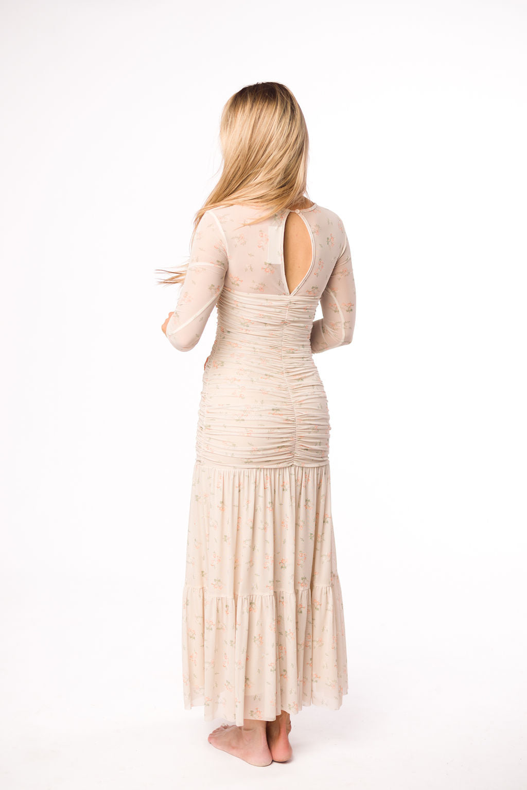 Camille Mesh Gathered Side Seam Maxi Dress in Nude Multi Floral - Bump Friendly Maternity Dress for Pregnancy, Nursing & Special Occasions | Perfect for Baby Showers, Weddings & Summer Vacations