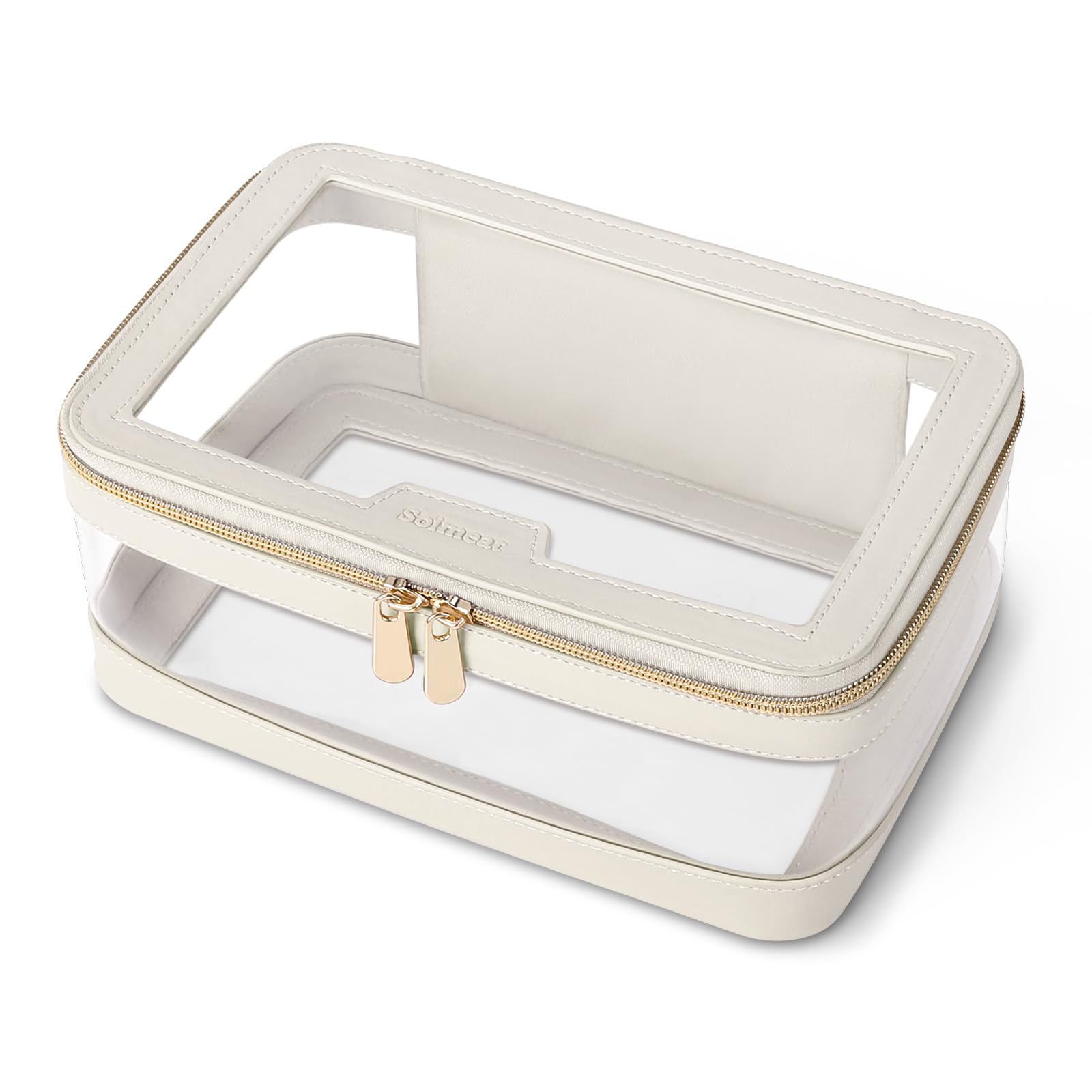 Clear Makeup Bag for Women - Leather Travel Makeup Case & Waterproof Toiletry Organizer | Portable Transparent Cosmetic Storage Pouch | Perfect for Travel, Gym, and Daily Beauty Essentials (Off-White)
