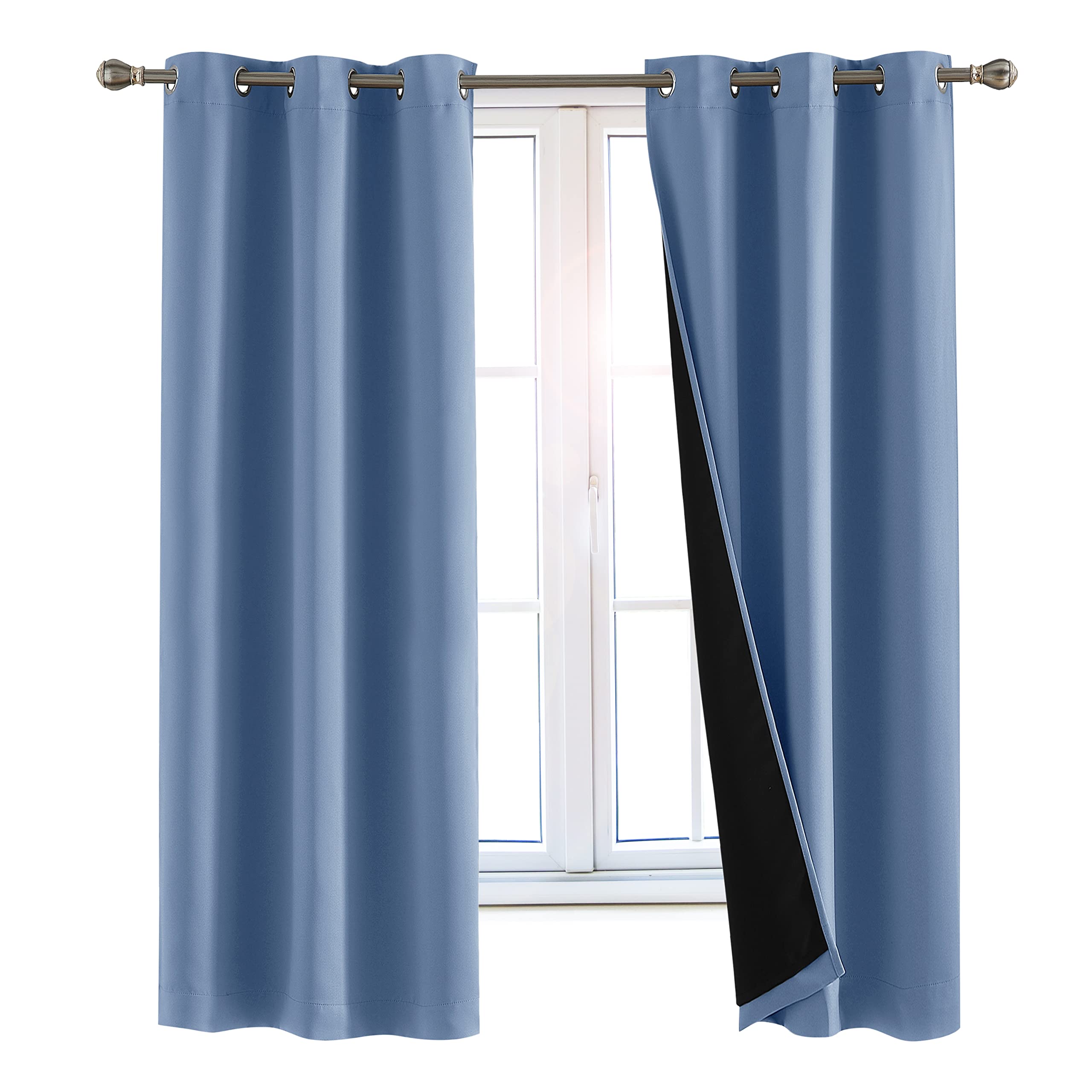 Blackout Curtains for Bedroom - 100% Light Blocking Thermal Insulated Window Drapes with Black Liner, Noise Reducing Room Darkening Curtains for Nursery, Day Sleep & Home Theater - 2 Pack Chambray Blue (63