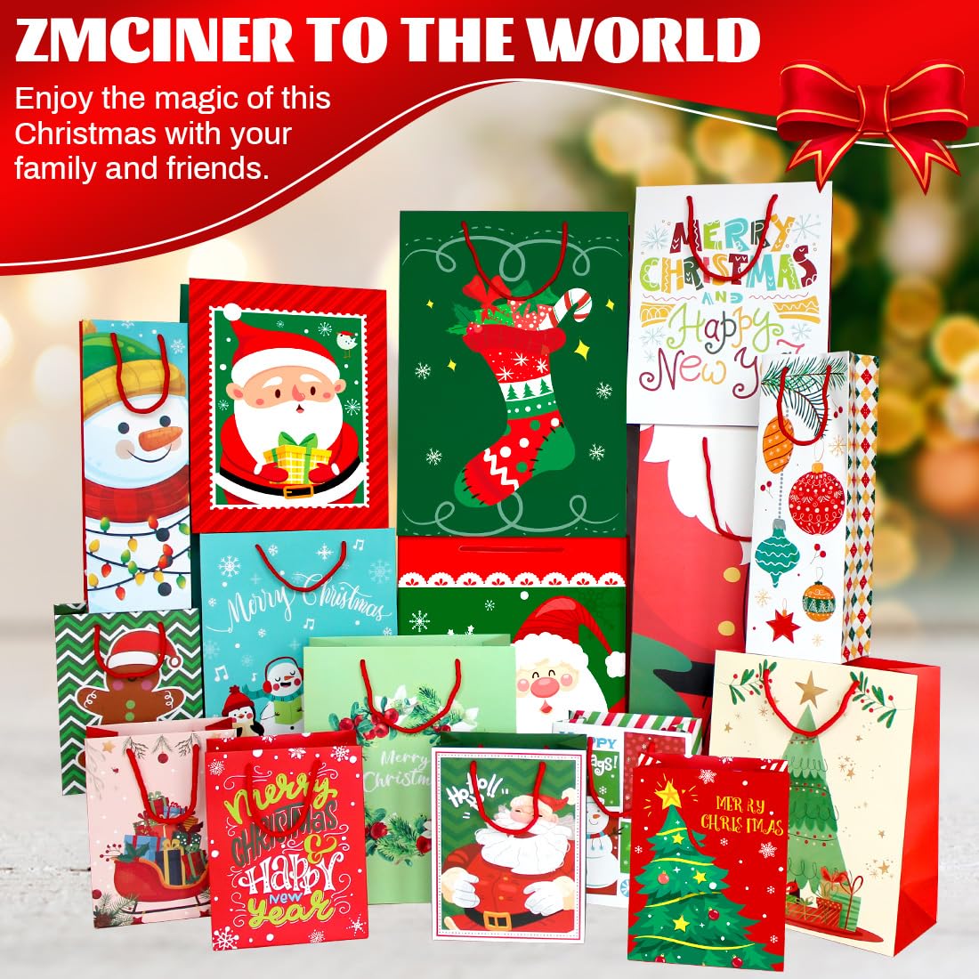 16-Piece Christmas Gift Bags Set with Handles - Assorted Sizes Holiday Paper Gift Bags for Christmas Presents, Party Favors & Festive Wrapping