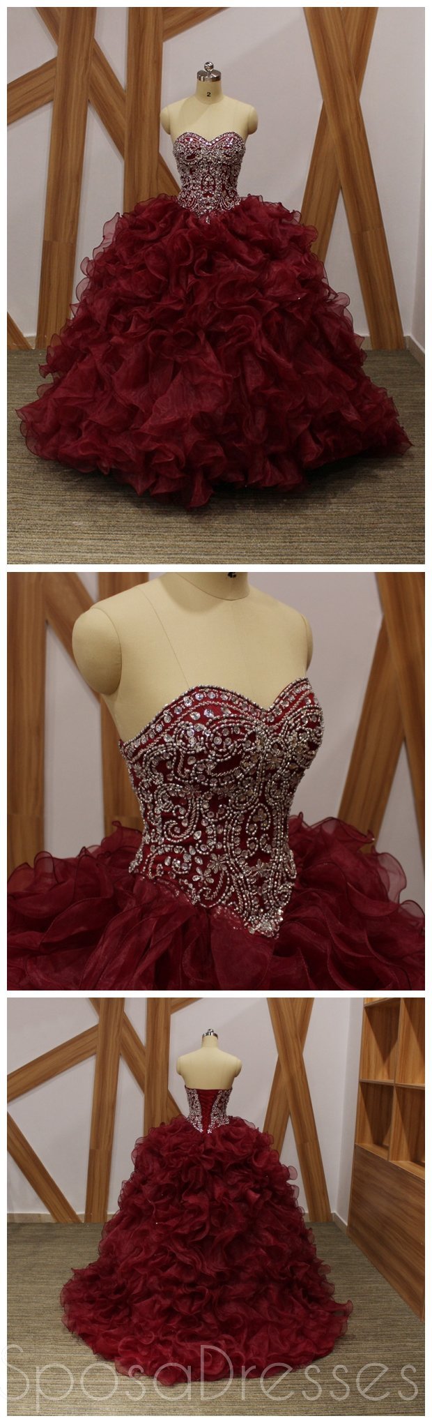 Elegant Maroon Ball Gown with Beaded Organza - Long Evening Prom Dress for Women | Sweet 16 Dresses | Perfect for Formal Events, Homecoming, Quinceañera & Special Occasions
