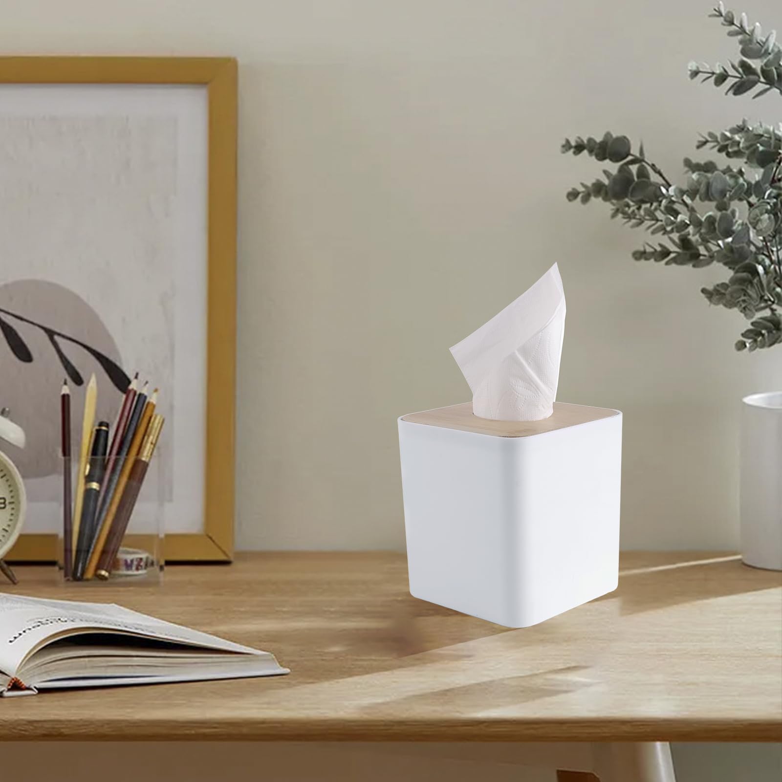 White Square Tissue Box Cover - Bamboo Facial Cube Holder for Bathroom Vanity, Countertop & Bedroom Dresser | Stylish Storage Solution for Home & Office